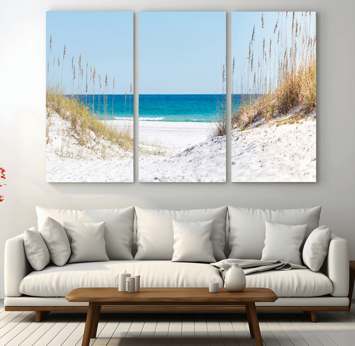 MGV-CV-48X32-3P - Serene Coastal Dune Path with Ocean View, 3-Panel Beach Canvas Wall Art, Tranquil Seascape Giclee Print, Gallery Wrap, Perfect for Coastal Home Decor