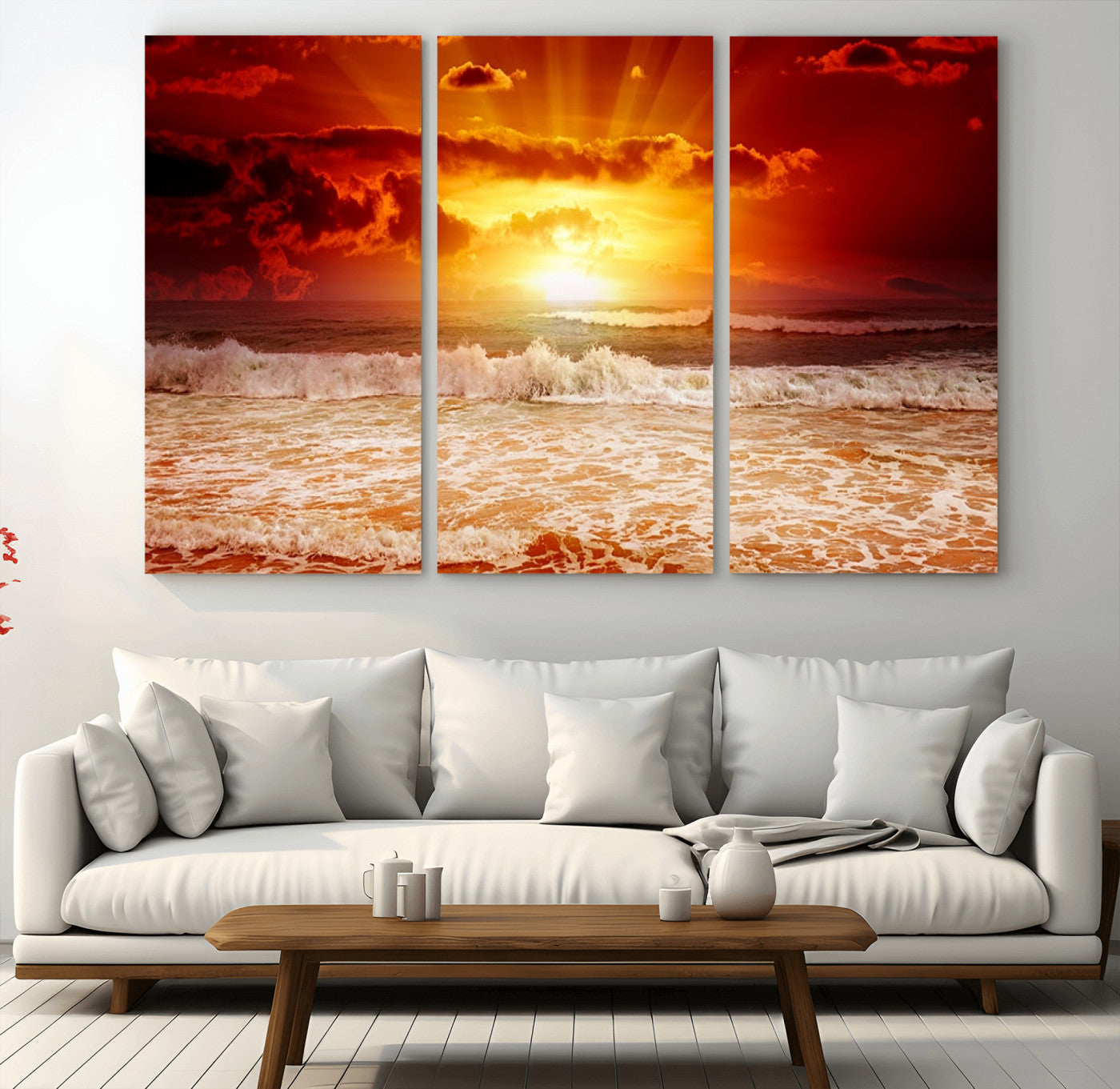 MGV-CV-48X32-3P - Red Sunset Ocean Beach Canvas Wall Art Beach Canvas, Coastal Sunset Print
