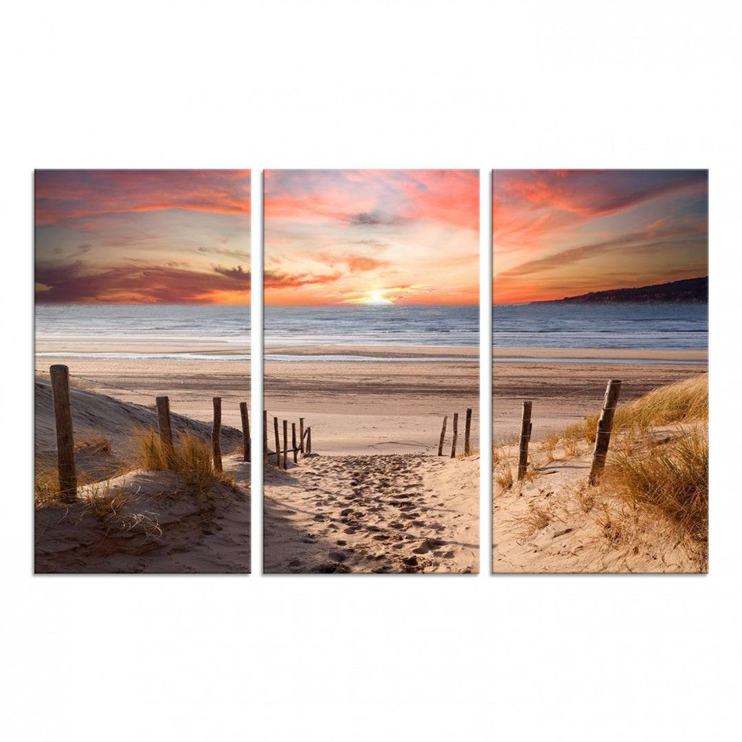 The Sunset on the Sea Wall Art Canvas Print beautifully captures a beach sunset and waves, enhanced with a UV-protective coating.