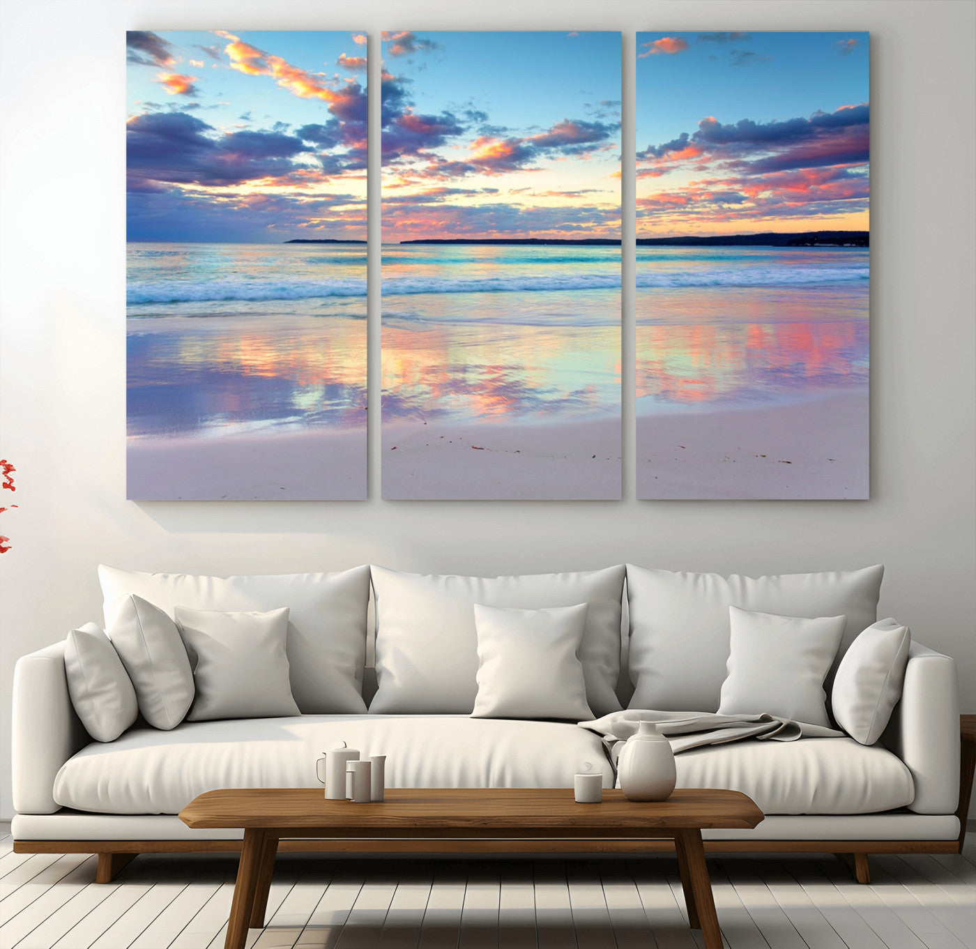 MGV-CV-48X32-3P - Tranquil Pastel Sunset Beach Triptych Canvas Art, Soothing Coastal Ocean Shoreline Giclee Print,