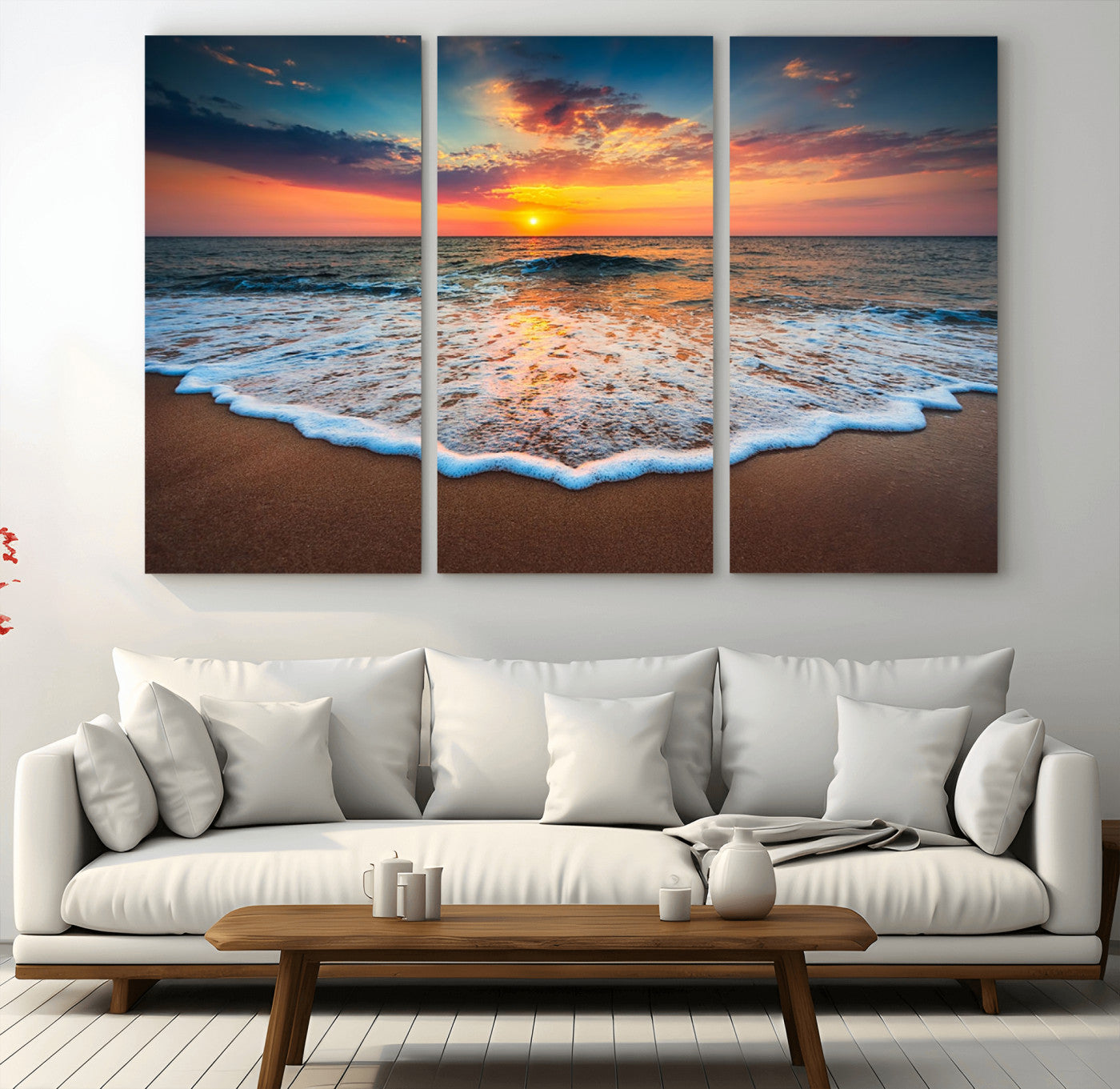 MGV-CV-48X32-3P - Sunset Beach Canvas Wall Art – Colorful Ocean Waves Triptych – Coastal Decor for Living Room or