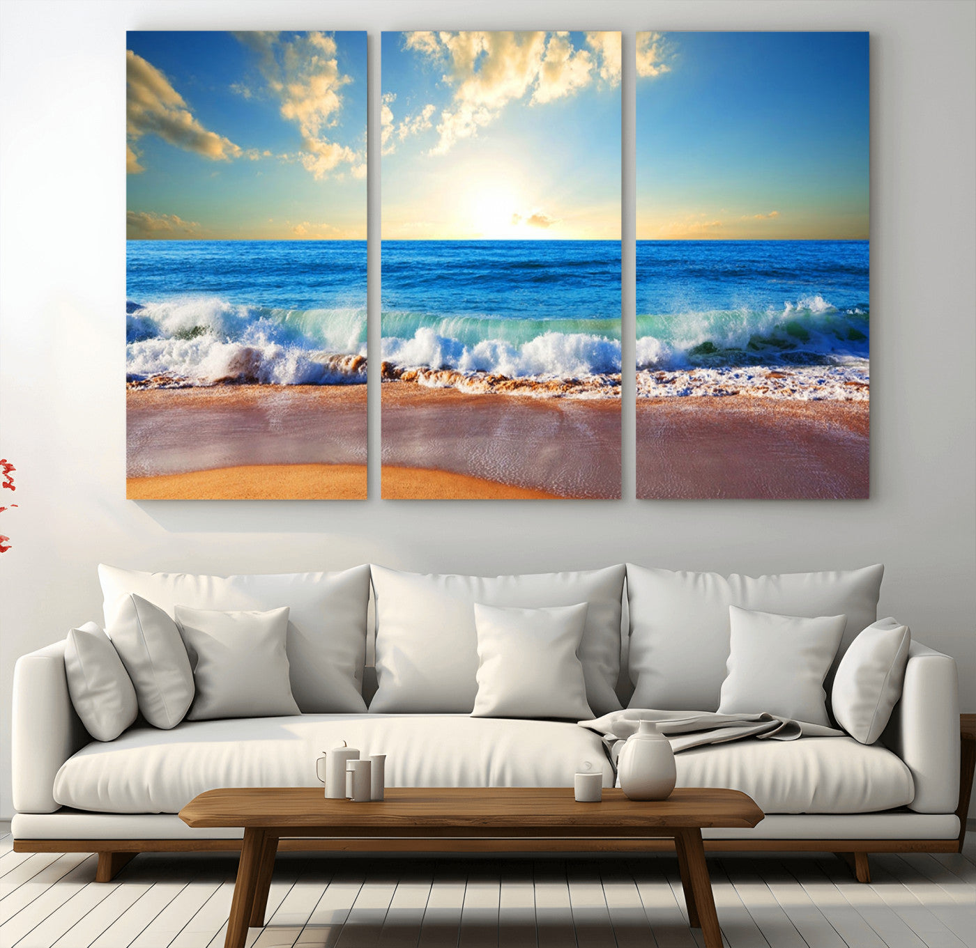 MGV-CV-48X32-3P - Tropical Beach Sunset Canvas Art, Ocean Waves and Sandy Shoreline Wall Art, Large Beach Decor for Coastal Homes