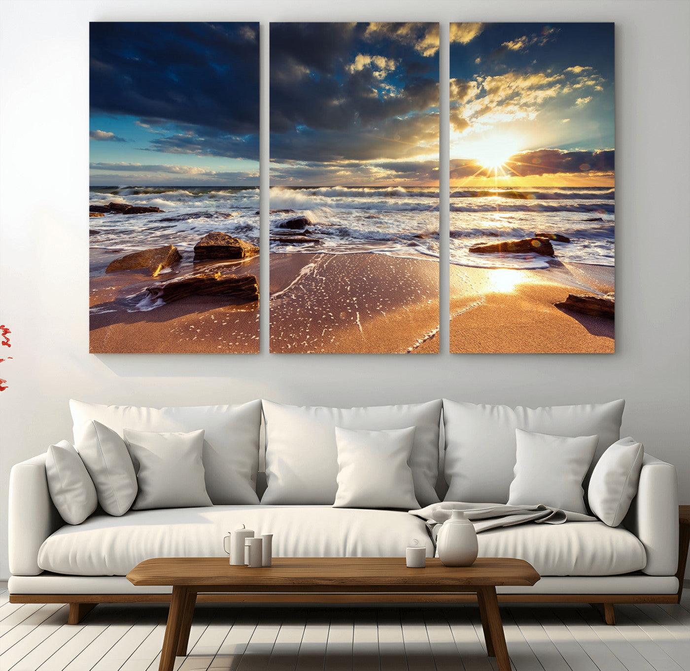 MGV-CV-48X32-3P - Golden Hour Beach Sunset Canvas Triptych, Ocean Waves and Rocks Wall Art for Coastal Home Decor
