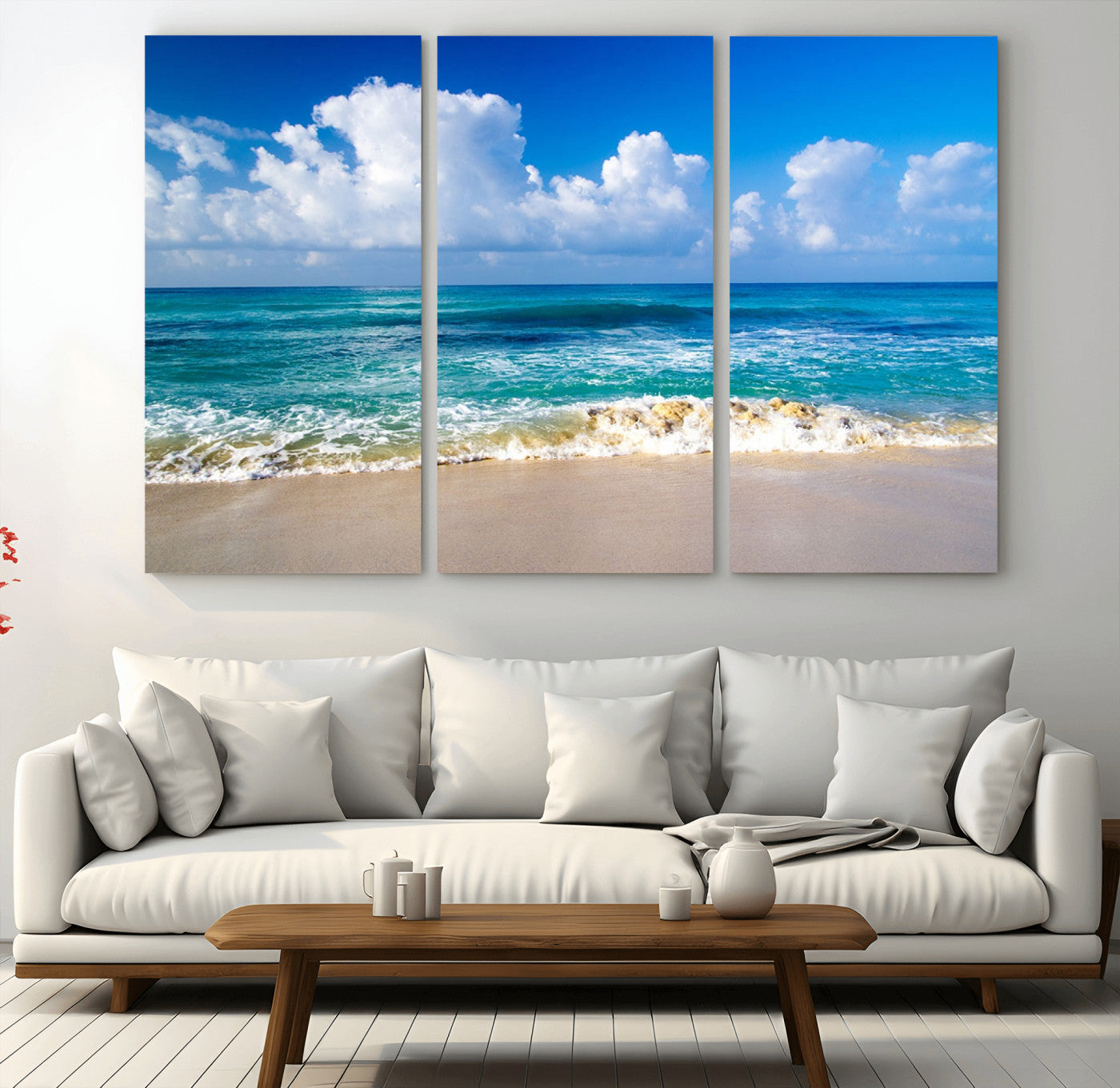 MGV-CV-48X32-3P - Tropical Beach 3-Panel Canvas Wall Art – Serene Ocean Waves and Blue Sky Wall Art Print