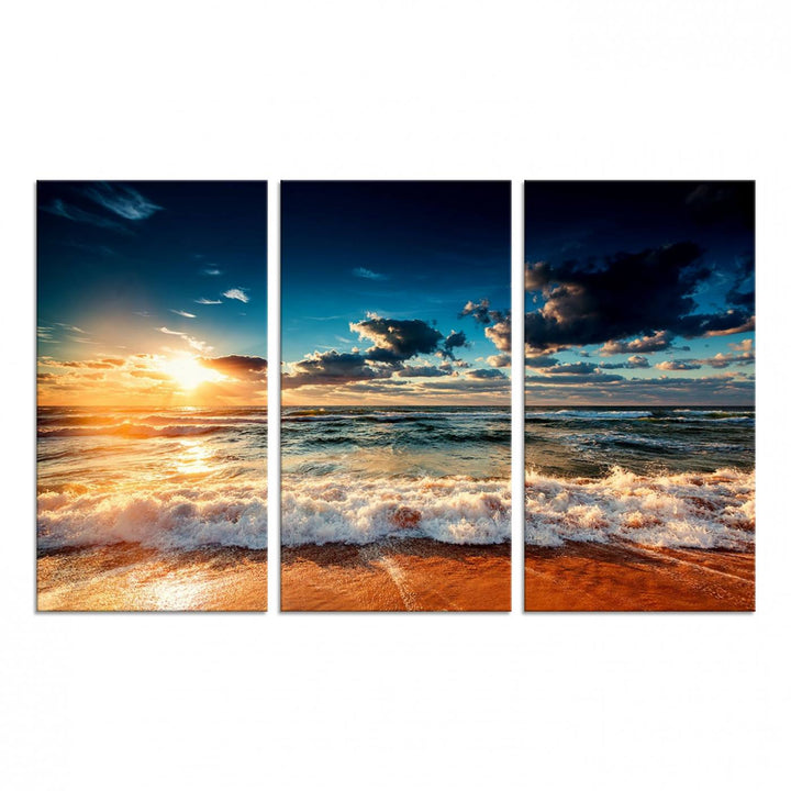 Golden Hour Sunset Over Ocean Waves Canvas: 3-Panel Coastal Landscape Art with Stunning Beach Photography Print.