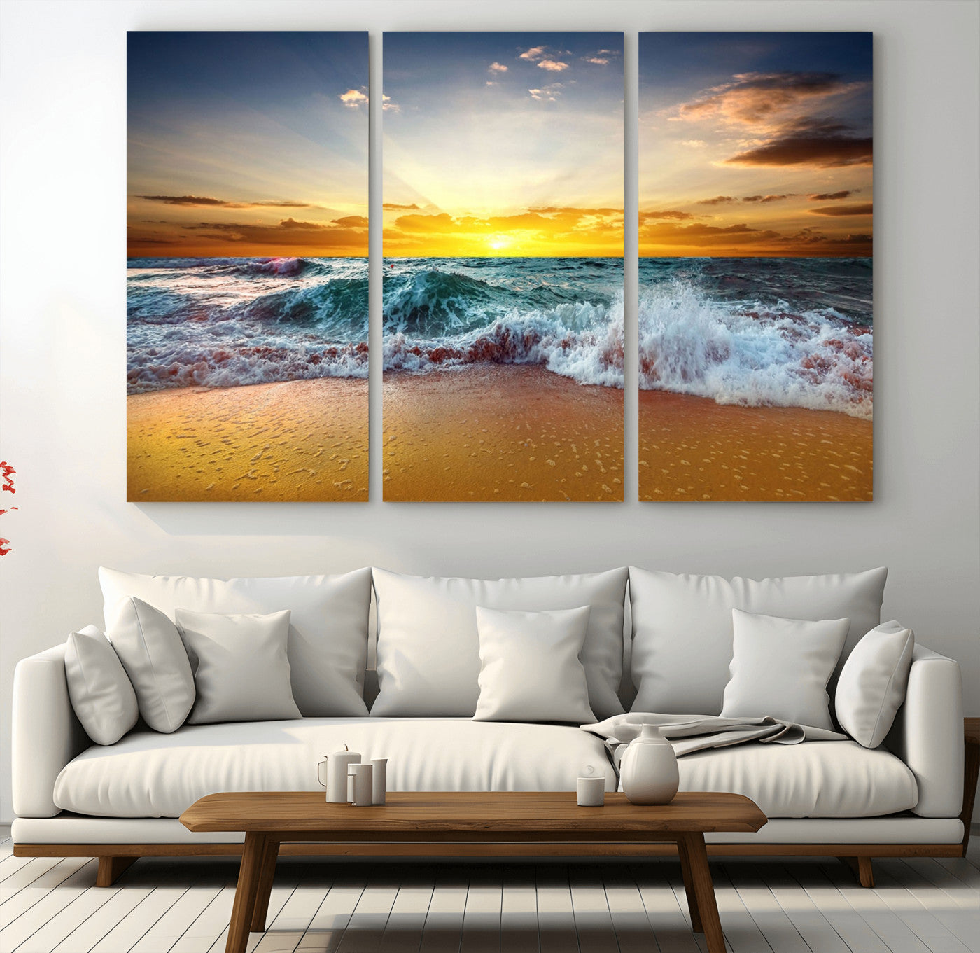 MGV-CV-48X32-3P - Golden Sunset Ocean Waves Wall Art Canvas Print – Multi Panel Beach Canvas Print Set – Large Coastal Triptych Print for Home or Farmhouse Decor