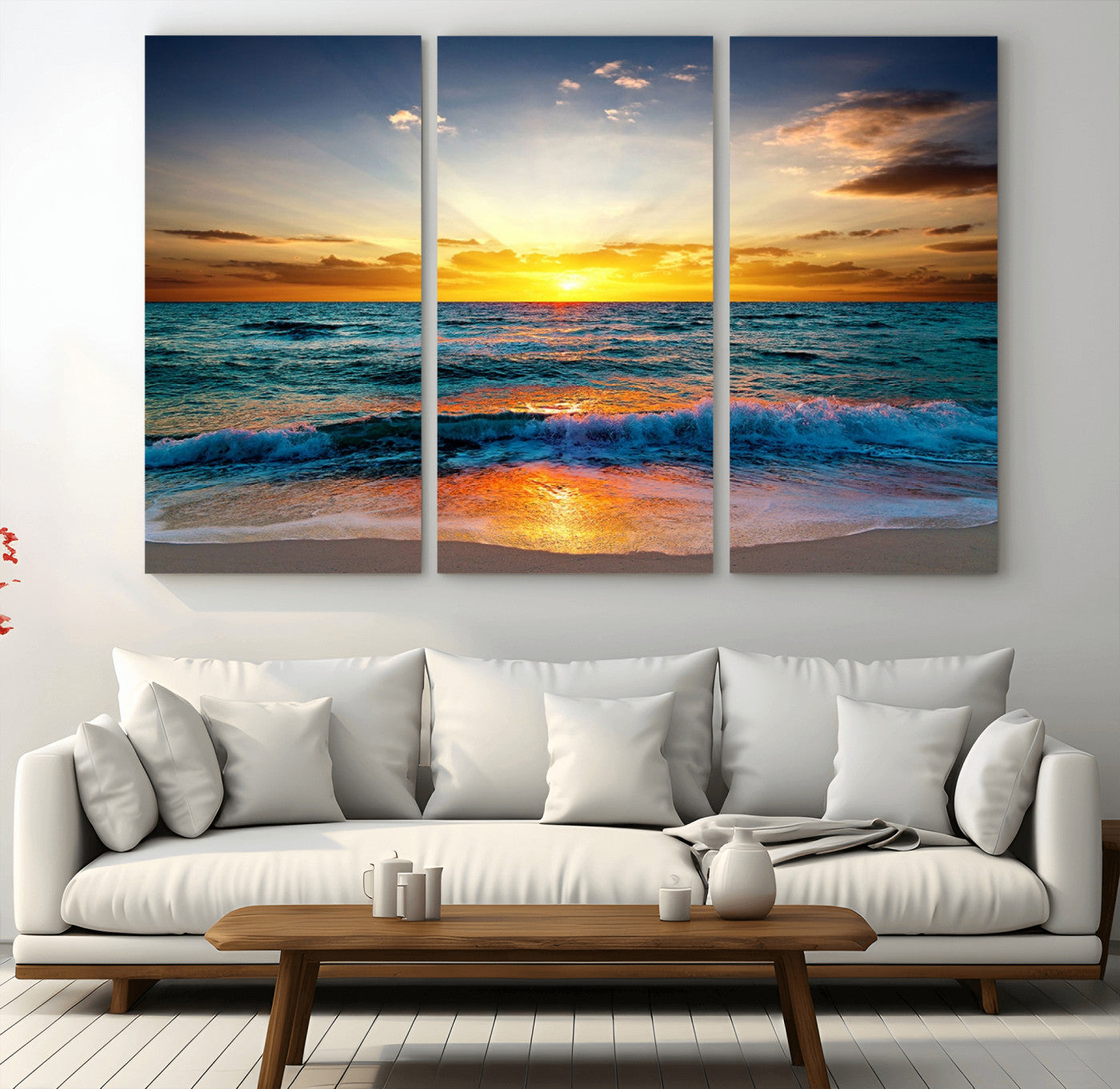 -Vibrant Ocean Sunrise Over Golden Beach Waves, Giclee Canvas Wall Art Set, High-Quality Stretched