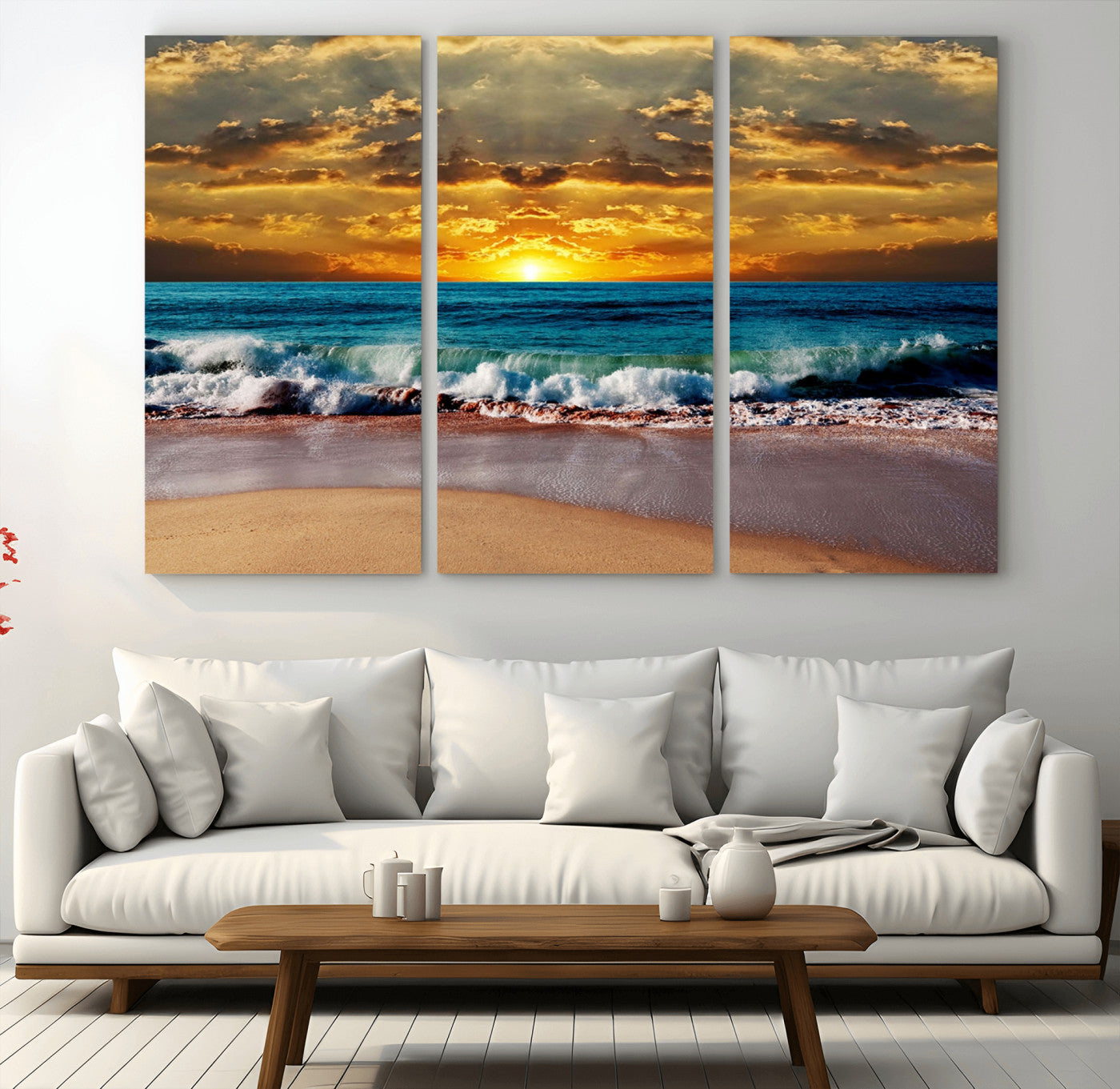 MGV-CV-48X32-3P - Ocean Sunrise Over Golden Beach Waves, Giclee Canvas Wall Art Set, High-Quality Stretched Canvas Print, Ready to Hang Coastal Sunset Wall Decor