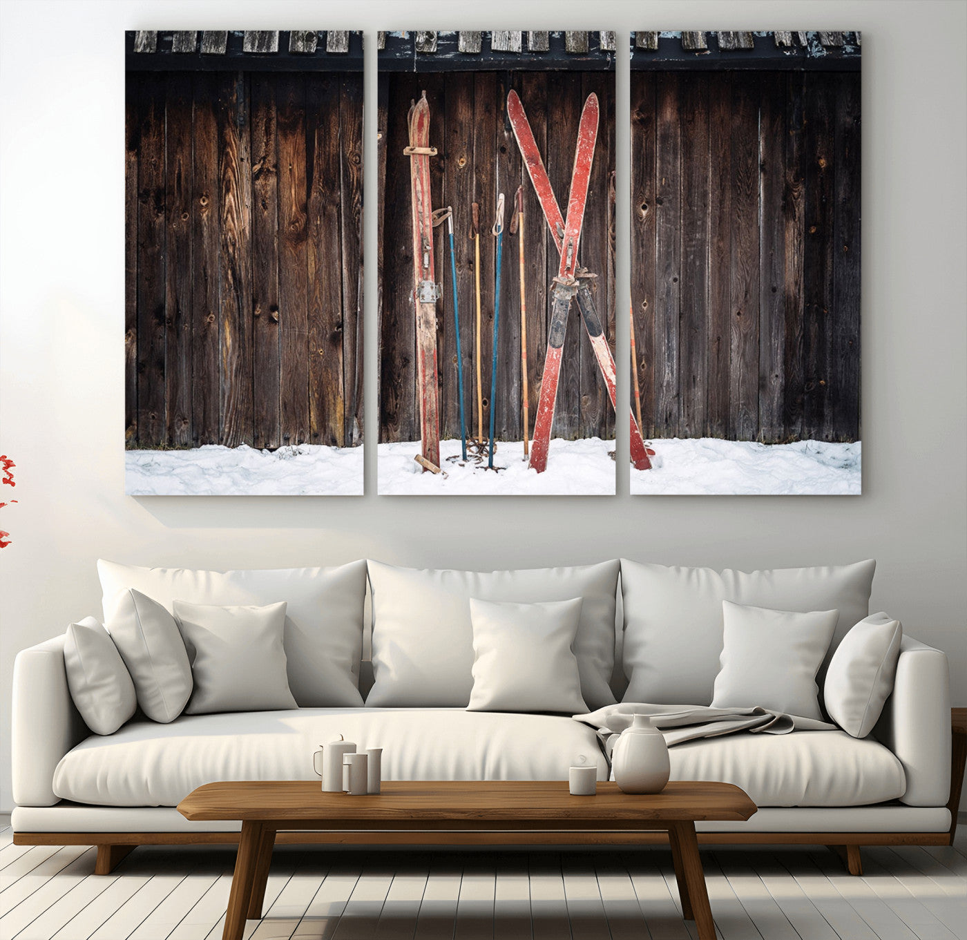 78590-MGV-CV-36X24-Vintage Ski Gear Canvas Print, Vintage Ski Gear Against Wooden Cabin Wall, Rustic Winter Sports