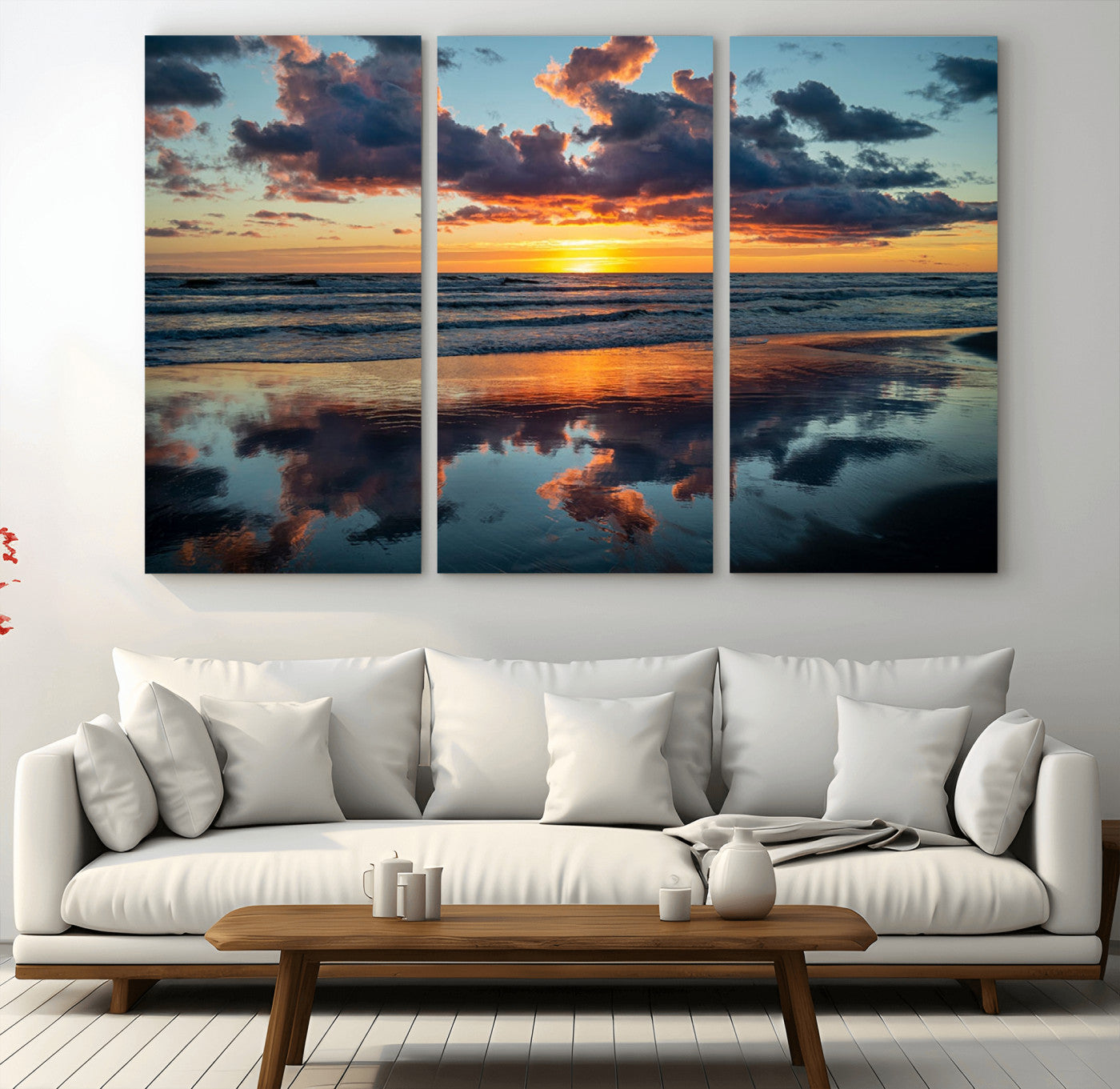 MGV-CV-48X32-3P - Beach Sunset Print - Stunning Ocean Canvas Artwork with Sunset Reflection Design for Elegant Home or