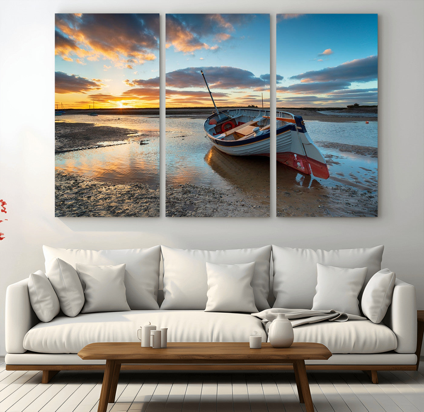 MGV-CV-48X32-3P - Small Boat At The Beach Sunset Wall Art, Boat Sunset Wall Art Canvas Print