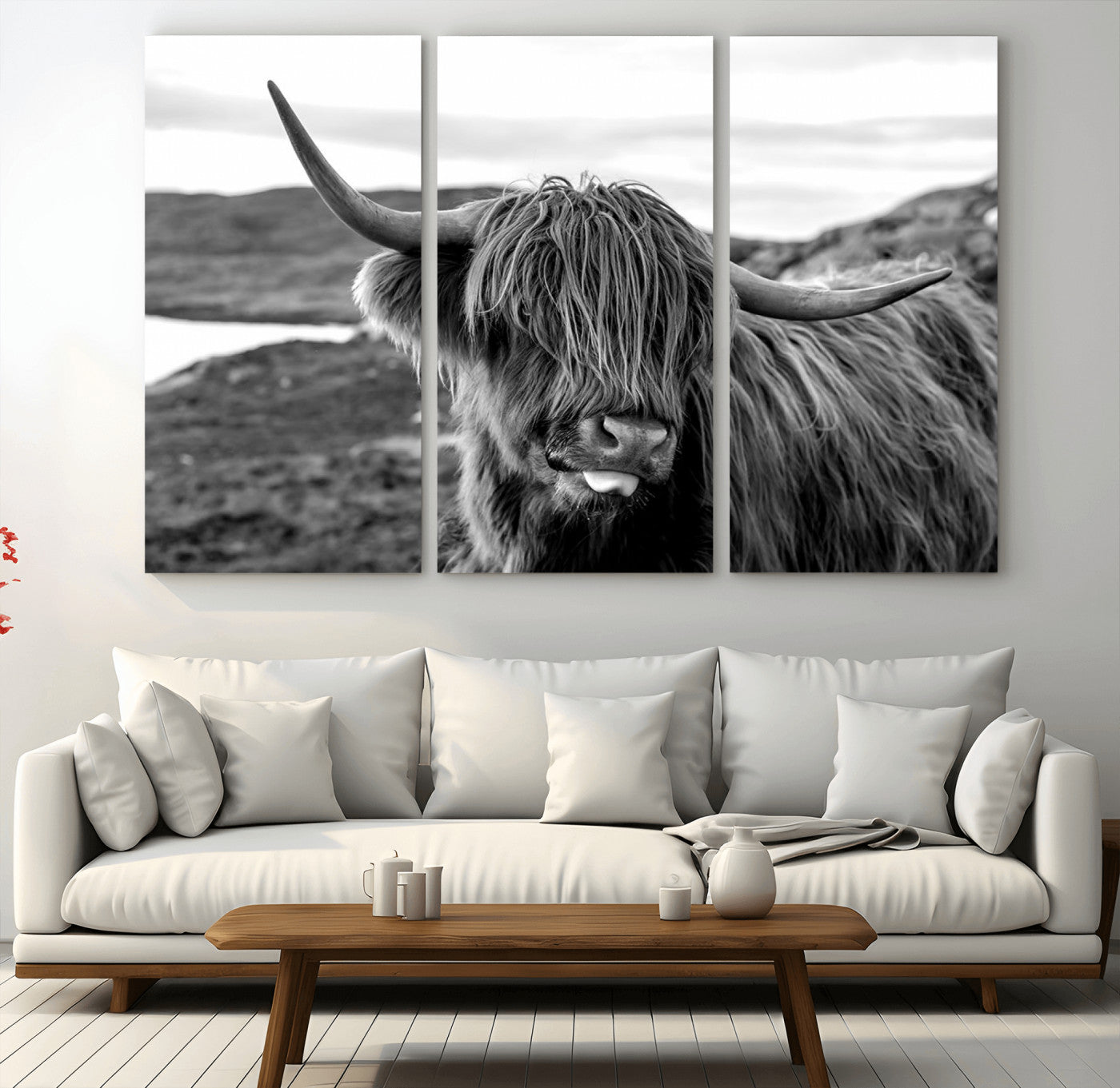 MGV-CV-48X32-3P - Longhorn Steer Canvas Print Wall Art, Highland Cow Canvas Wall Art – Black and White Animal Portrait