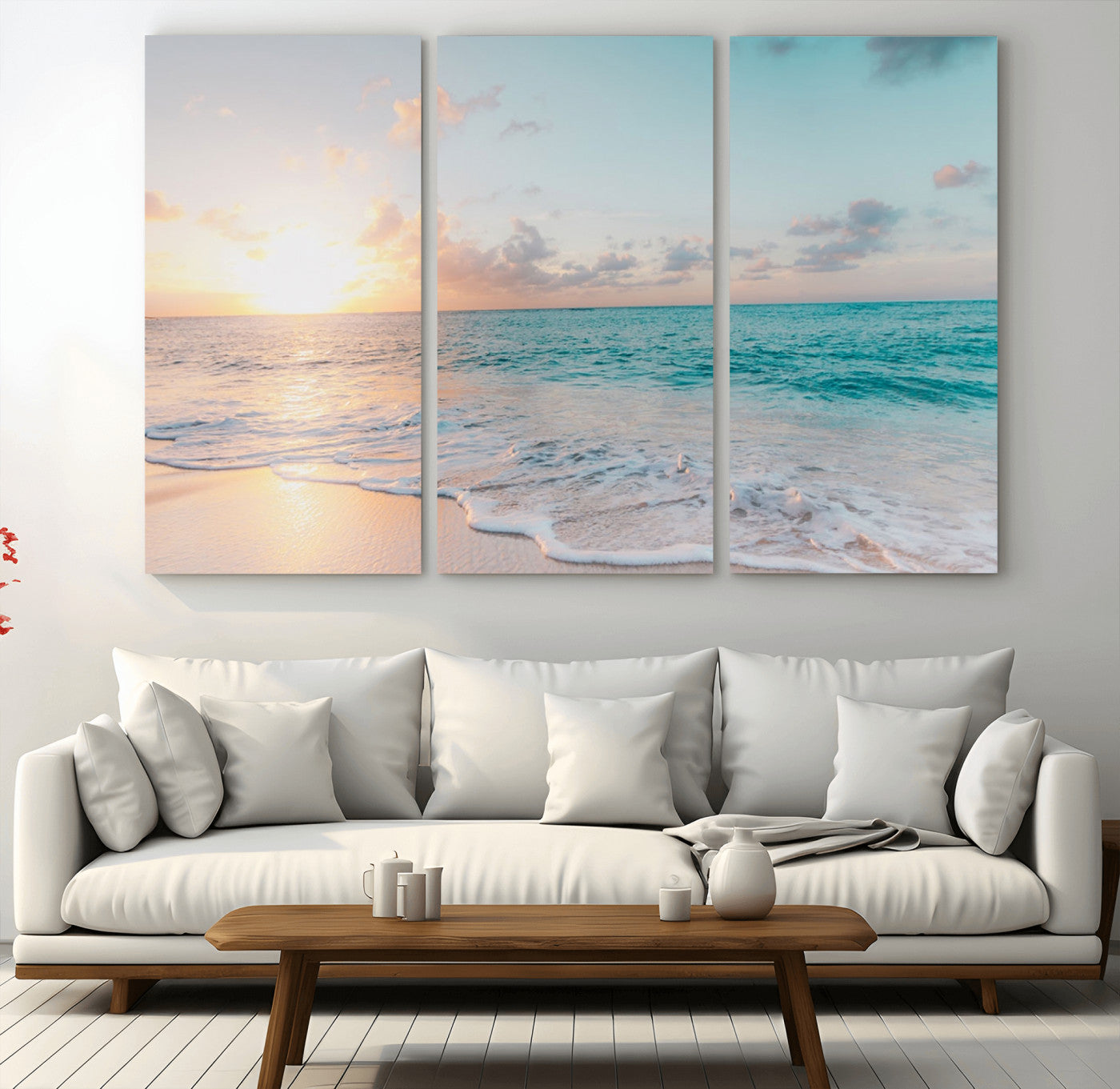 MGV-CV-48X32-3P - Tranquil Ocean Beach Sunset Canvas Wall Art | 3-Panel Coastal Decor