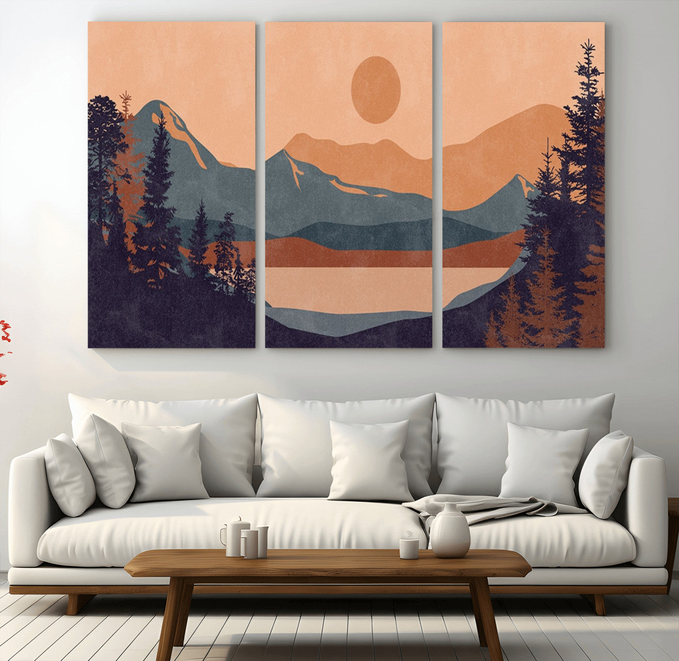 MGV-CV-48X32-3P - Modern Boho Sunset Canvas Print, Mountain Landscape Triptych – Giclée Canvas Art Print for Living