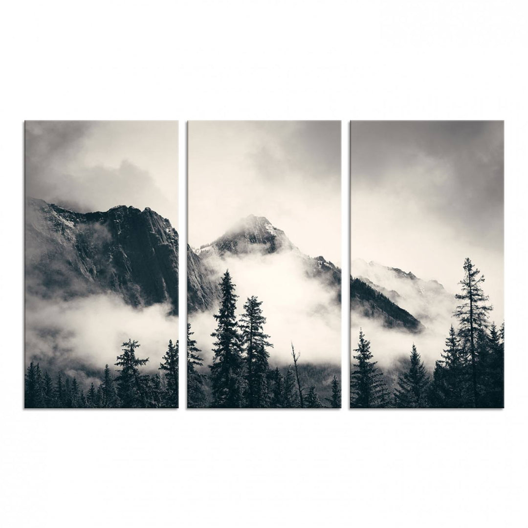 Forest Mountain Print - Black and White Canvas.