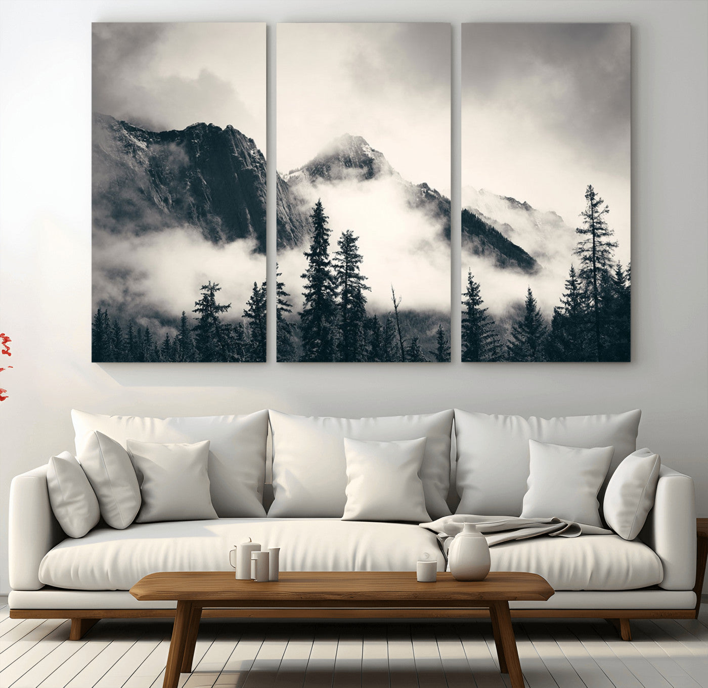 MGV-CV-48X32-3P - Large Foggy Mountain Forest Wall Art Canvas Print | Misty Mountain Peaks and Pine Trees Print |