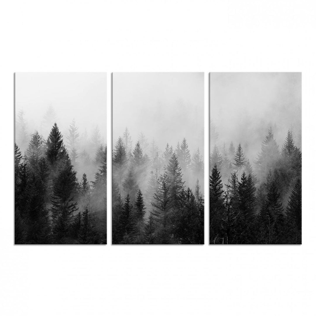 Black and white canvas art depicts a misty pine forest, offering a dense landscape that appeals to nature and woodland art lovers.