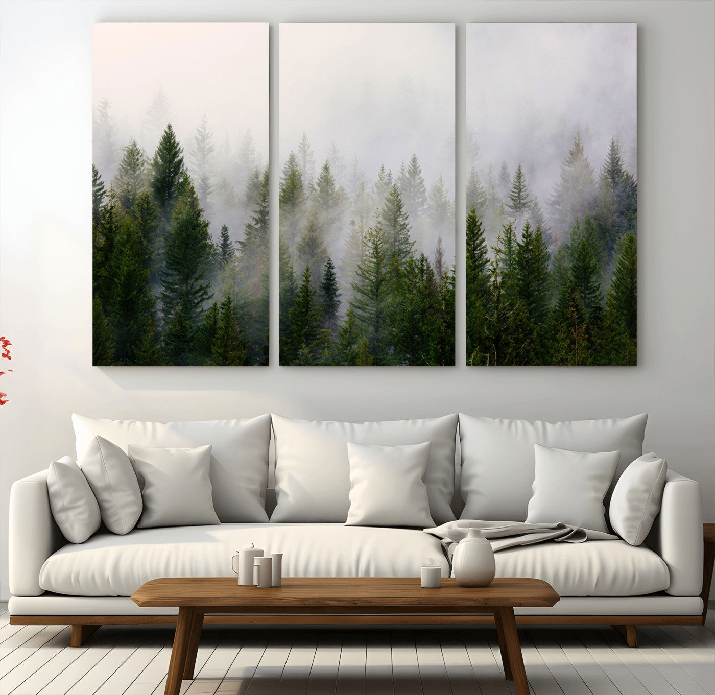 MGV-CV-48X32-3P - Misty Pine Forest Wall Art Canvas Print | 3 Panel Green Woodland Canvas Print for Living Room, Office, or Dining Room | Nature Foggy Forest Decor