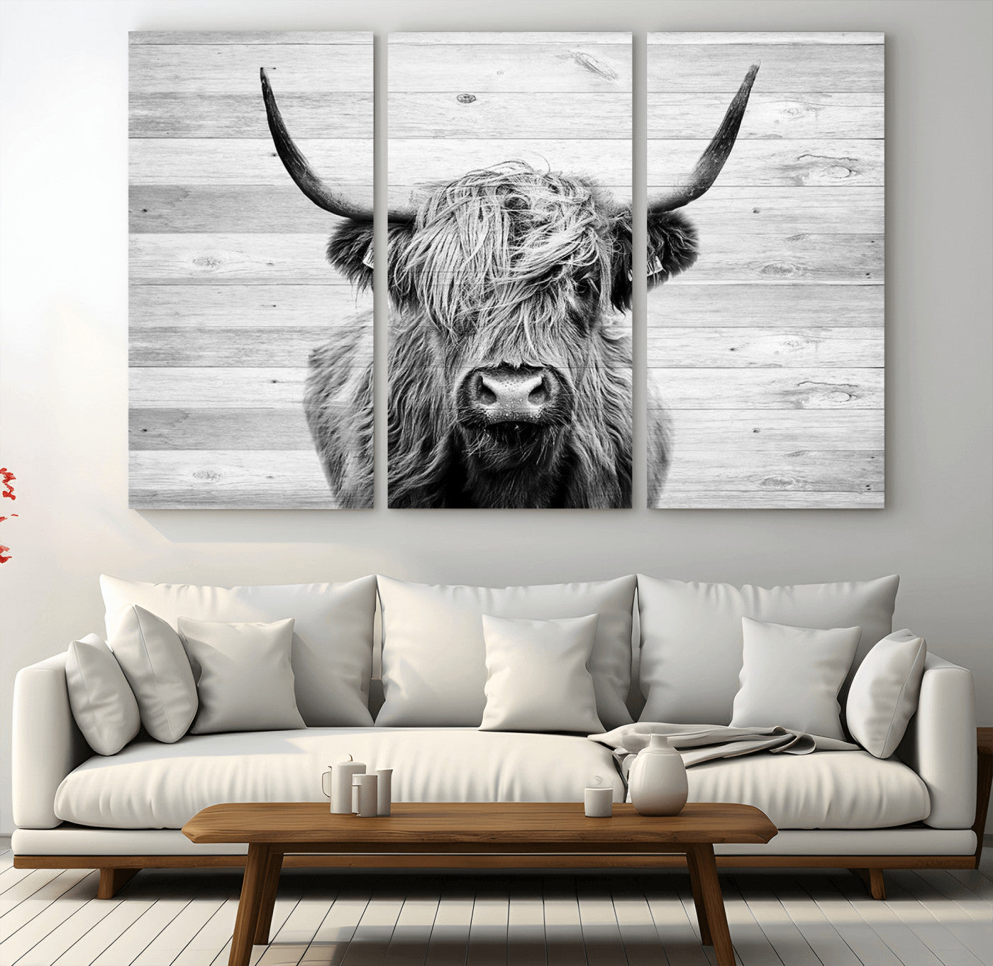 MGV-CV-48X32-3P - Scottish Highland Cow Cattle Art Print on Wood Background Style