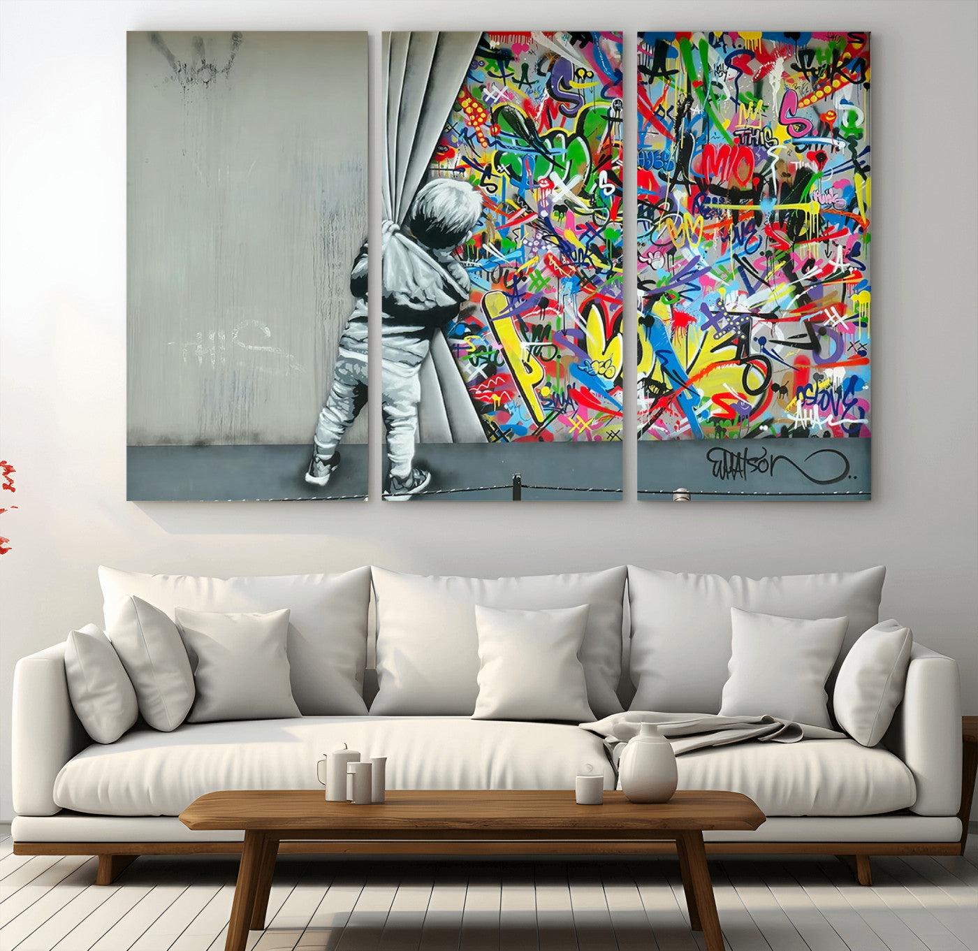 51713-MGV-CV-36X24-Banksy Colorful Street Graffiti Canvas Wall Art Print, Modern Art Triptych, Child and Graffiti Wall,