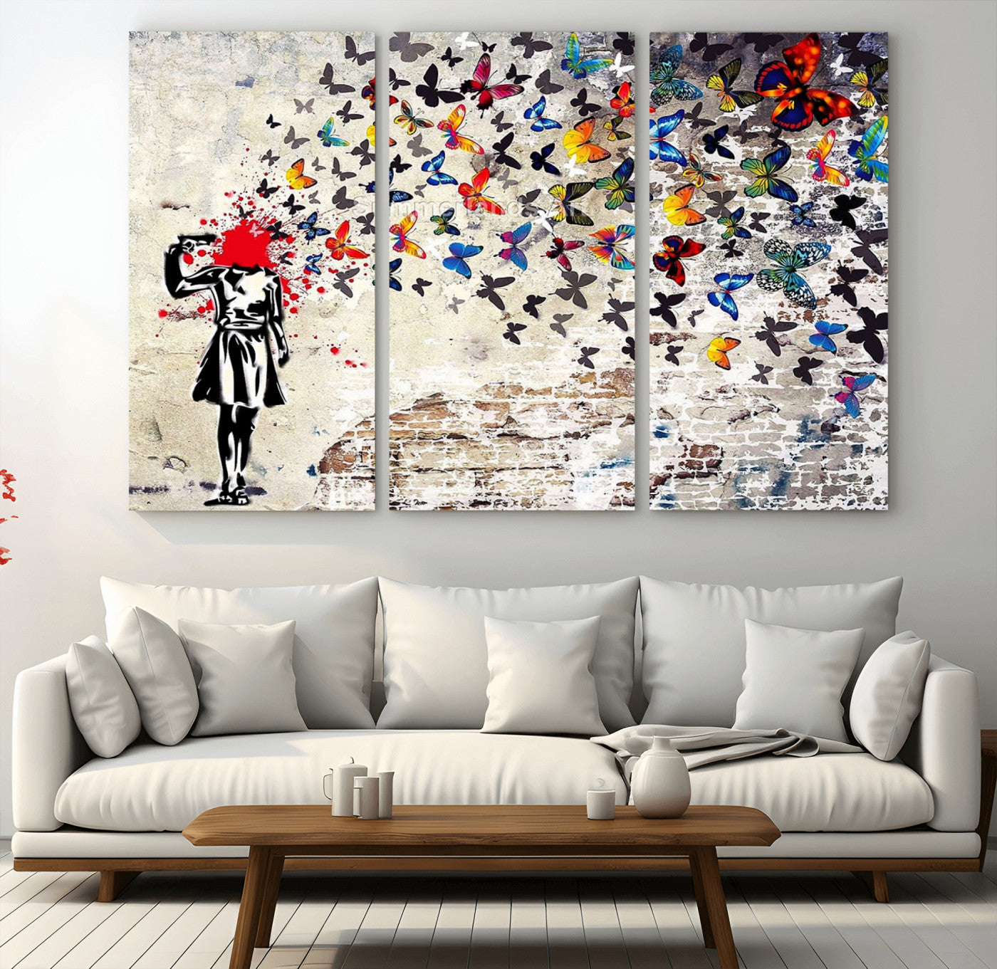 88654-MGV-CV-48X32-3P-Banksy Art Butterfly Girl Explosion Canvas Art – Vibrant Urban Graffiti for Modern Interiors - Ready
