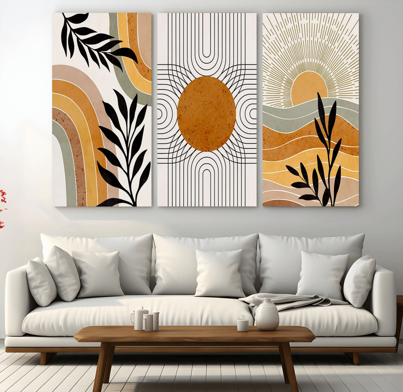 MGV-CV-48X32-3P - Modern Boho Sun and Leaf Abstract Art – 3-Panel Giclée Canvas for Mid-Century Modern or Bohemian