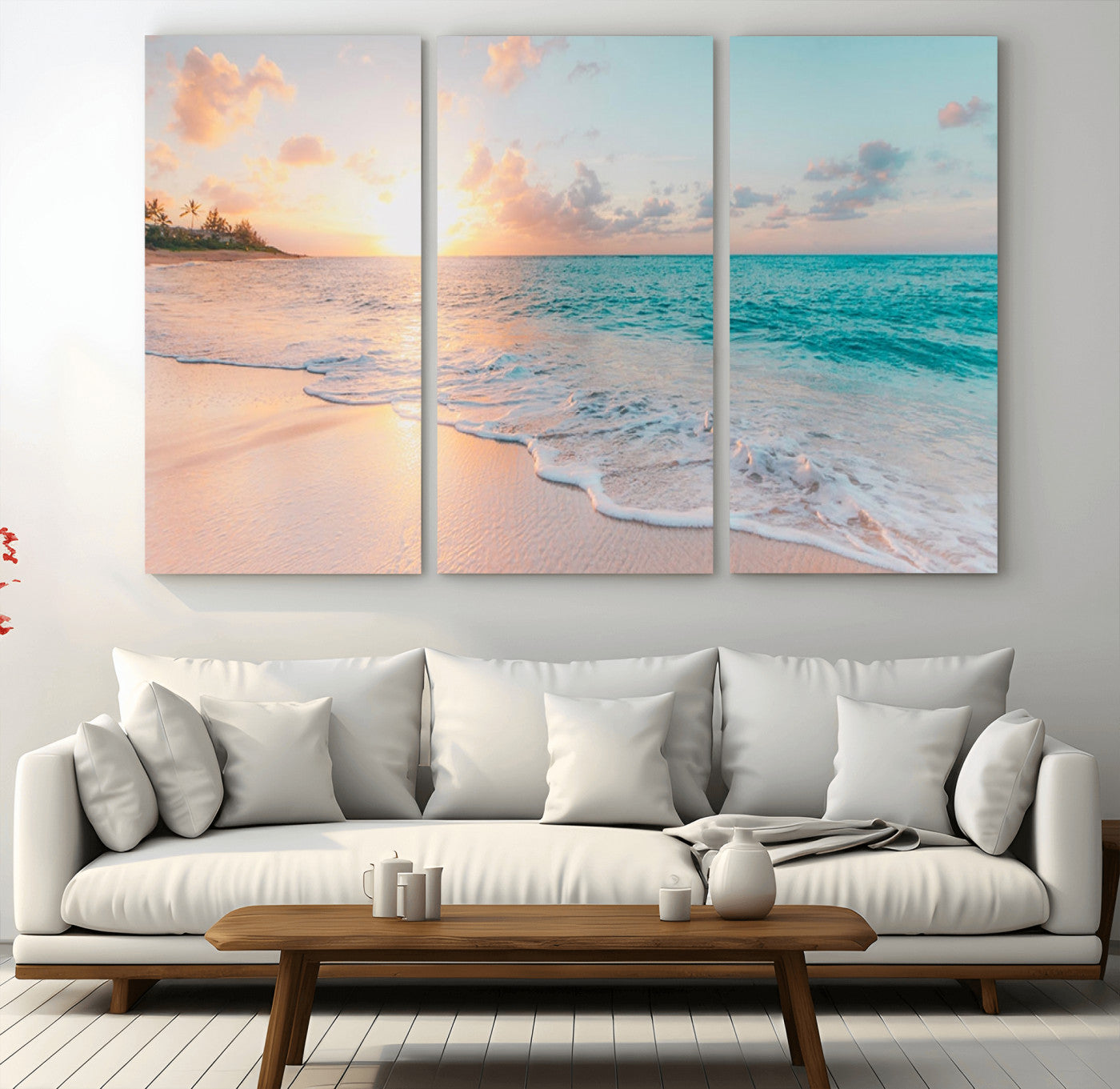 MGV-CV-48X32-3P - Beach Sunrise Wall Art, Coastal Seascape Canvas Print, Ocean Wave Multi-Panel Giclee, Coastal Sunset