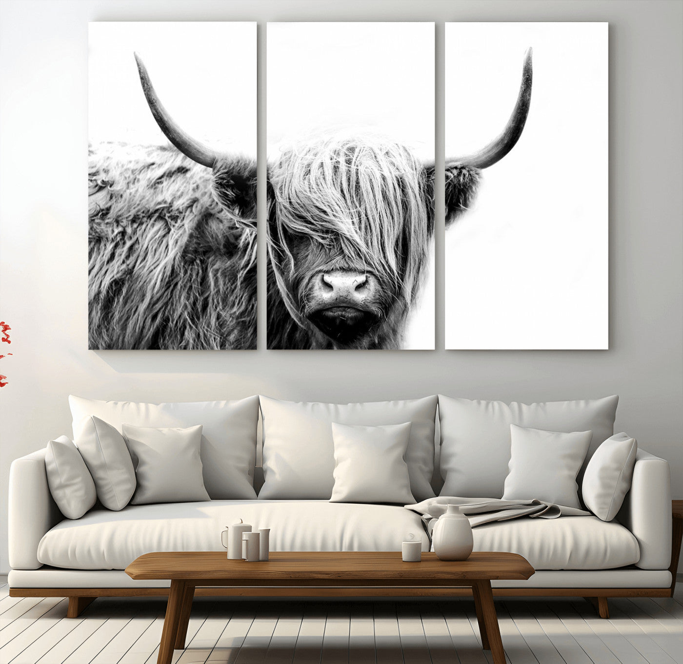 MGV-CV-48X32-3P - Black White Scottish Highland Cow Cattle Art Print Farmhouse Wall Art Canvas Print