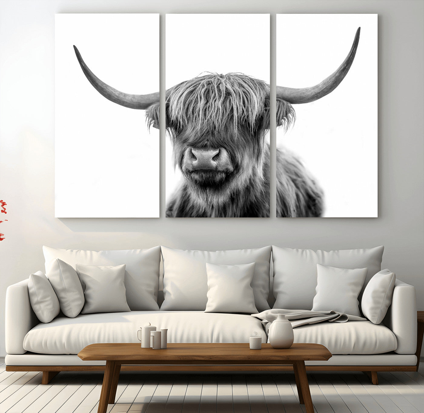 -Grayscale Scottish Highland Cow Cattle Art Print Farmhouse Wall Art Canvas Print