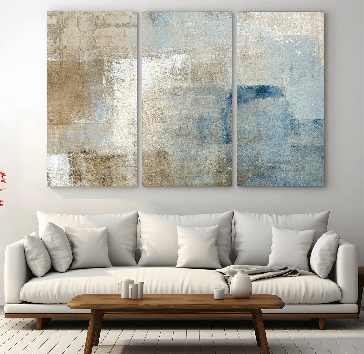 MGV-CV-48X32-3P - Abstract Blue and Beige Wall Art, Modern Minimalist Canvas Print Set, Giclee Textured Art, Large