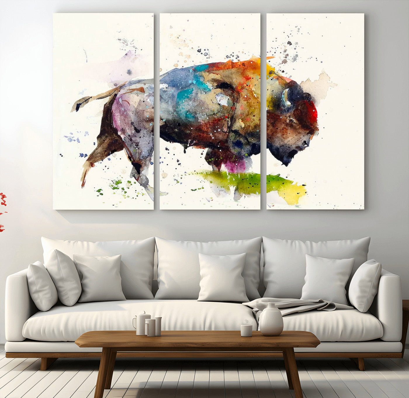 MGV-CV-48X32-3P - Abstract Buffalo Wall Art, Western Watercolor Bison Canvas Print, Rustic Buffalo Art for Cowboy and Western Decor, Large Multi-Panel Giclee Canvas