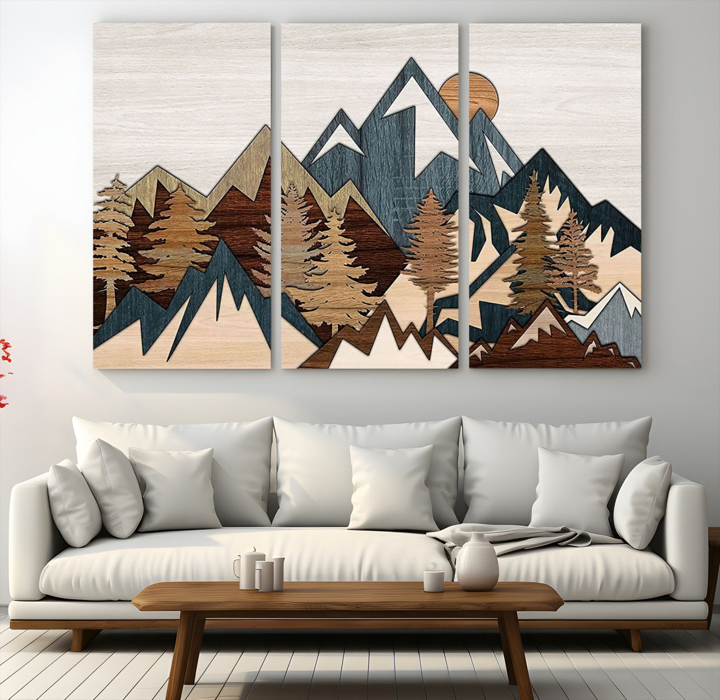 67950-MGV-CV-48X32-3P-Rustic Abstract Wood Panel Effect Canvas Mountain Range Top Wood Wall Art Canvas Print