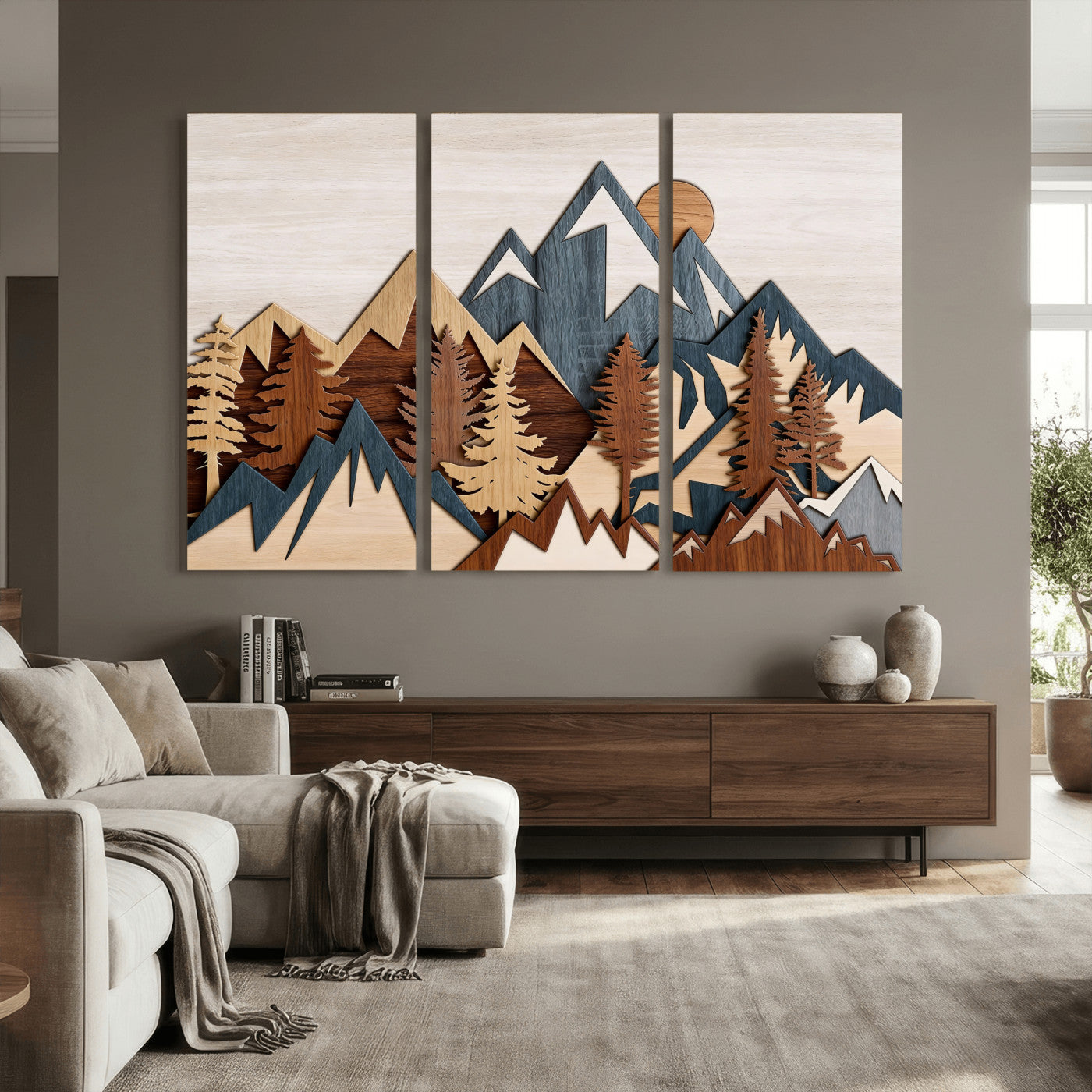 67950-MGV-CV-36X24 - Woodland Mountain Landscape Triptych, Giclee Canvas Art for Modern Home, Rustic Wooden Nature Wall