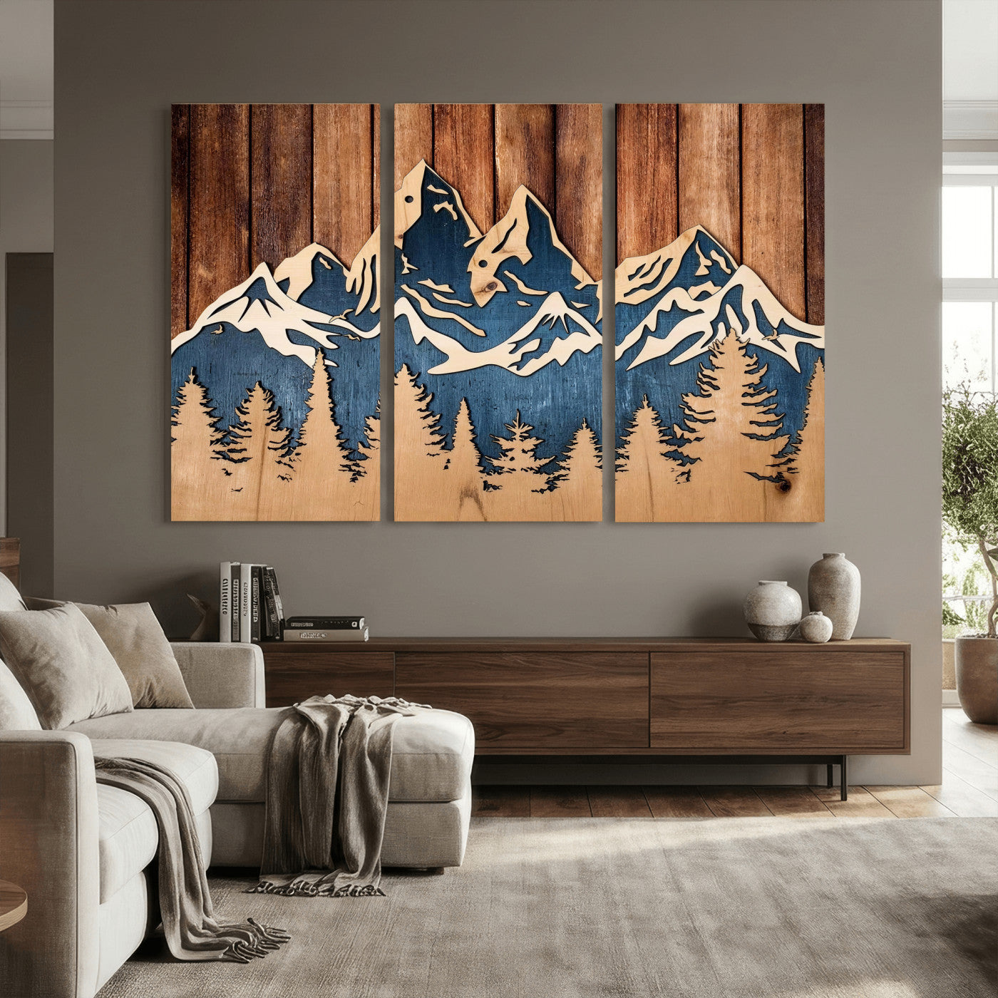 41330-MGV-CV-36X24 - Rustic Wood Style Mountain Wall Art, Nature Forest Canvas Print, Wooden Textured Mountain Artwork Print