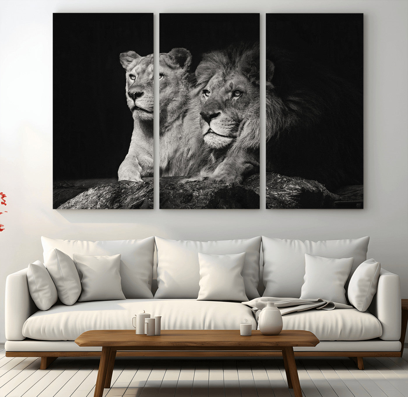 MGV-CV-48X32-3P - Lion Couple Canvas Wall Art Print – Elegant Wildlife Portrait in Black and White Lion Family – Ready to Hang
