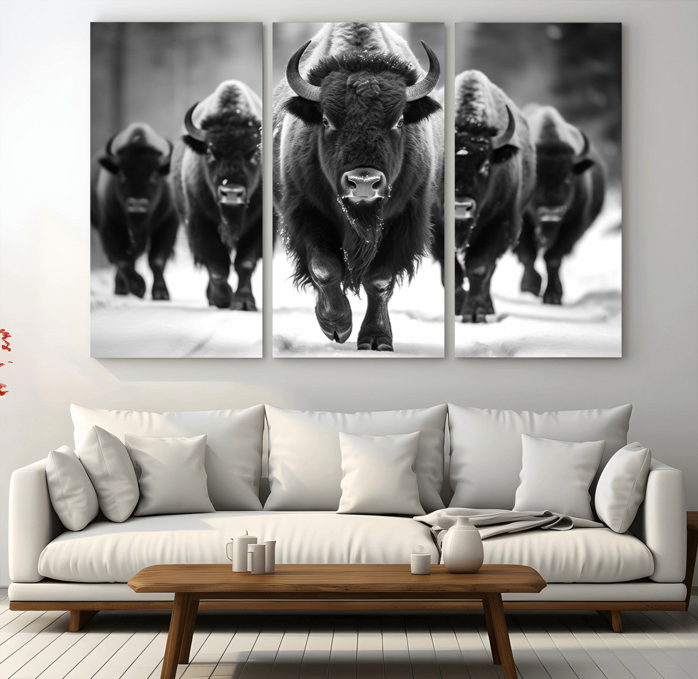 MGV-CV-48X32-3P - American Bison Art | Buffalo Herd Wall Art Canvas Print, BW American Bison Herd Wall Art Canvas