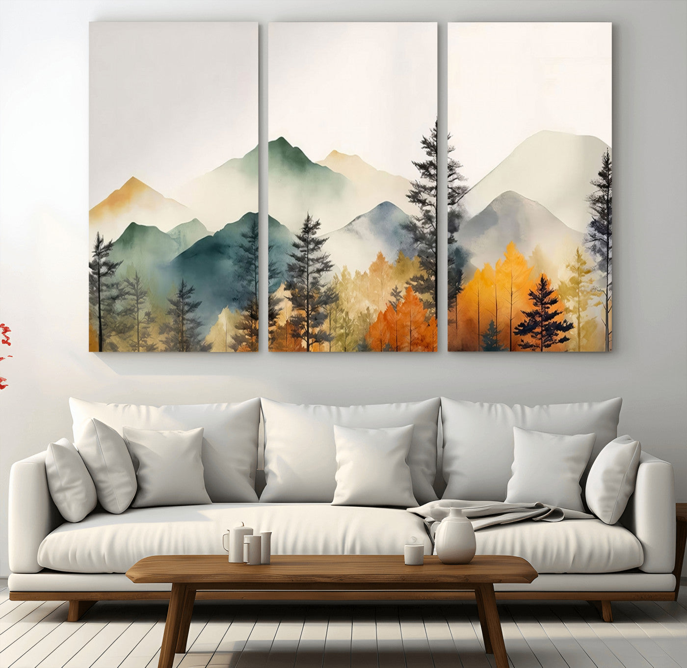 -Abstract Watercolor Mountains and Trees Autumn Wall Art, Mountains and Trees Autumn Wall Art Canvas