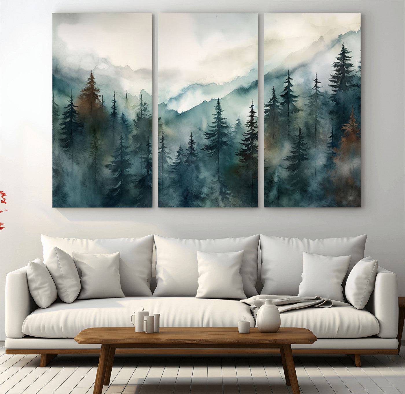 MGV-CV-48X32-3P - Serenity Forest Wall Art Canvas | Foggy Mountain Landscape Canvas Print for Living Room or Office | Nature-Inspired Woodland Decor