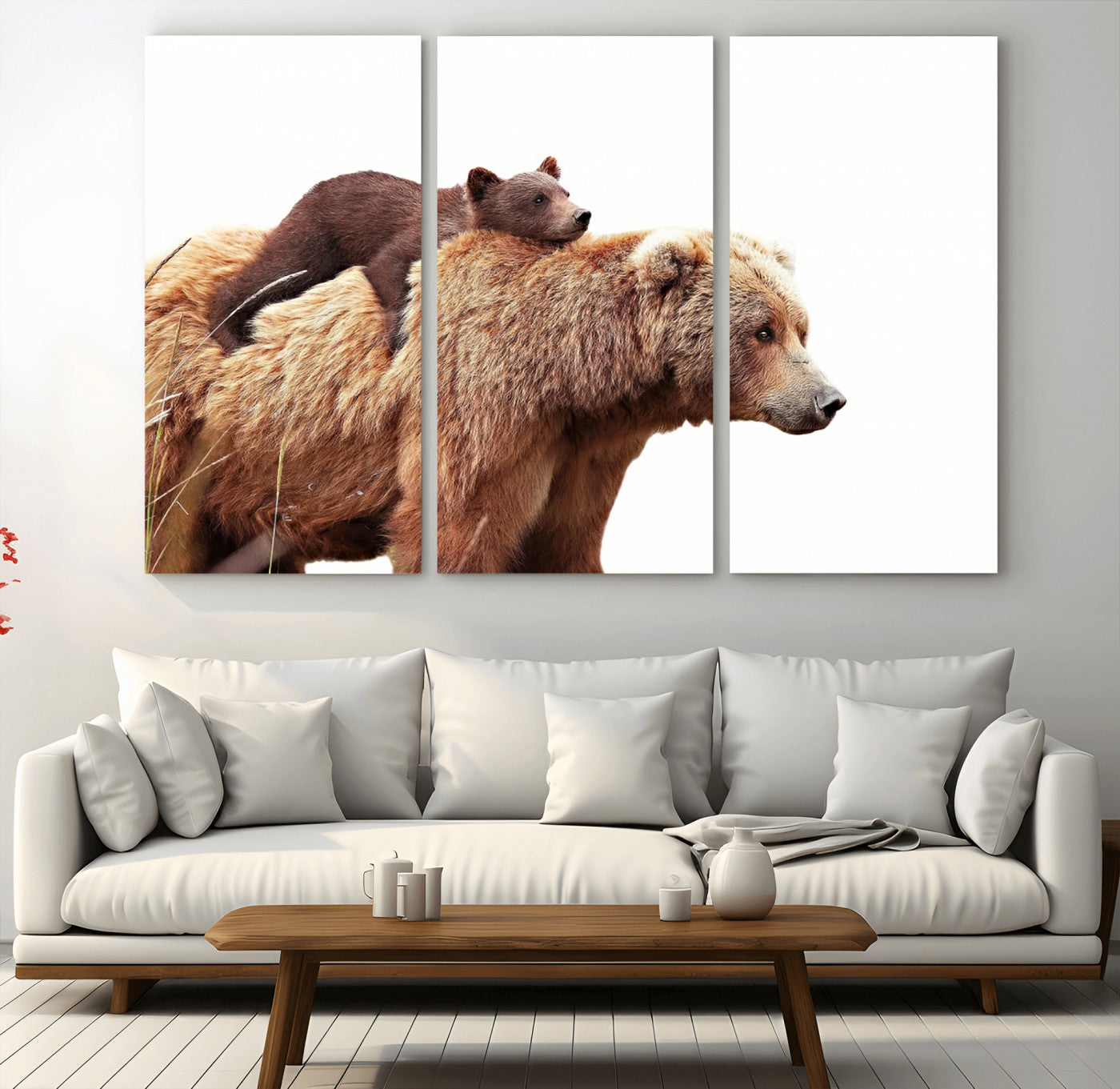 MGV-CV-48X32-3P - Mother and Baby Bear Canvas Wall Art - Adorable Wildlife Animal Print, Cozy Rustic Decor for Living Room,
