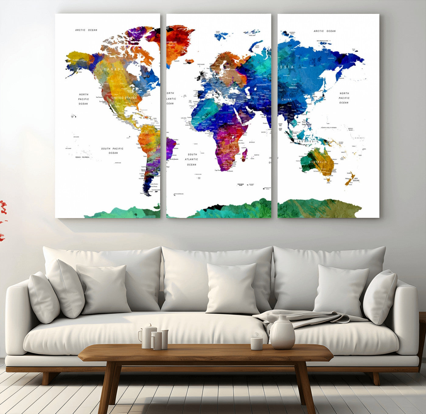48979-MGV-CV-36X24-Colorful Watercolor World Map Canvas Print – Vibrant Framed Travel Map Wall Art, Modern Decor for Living Room or Office