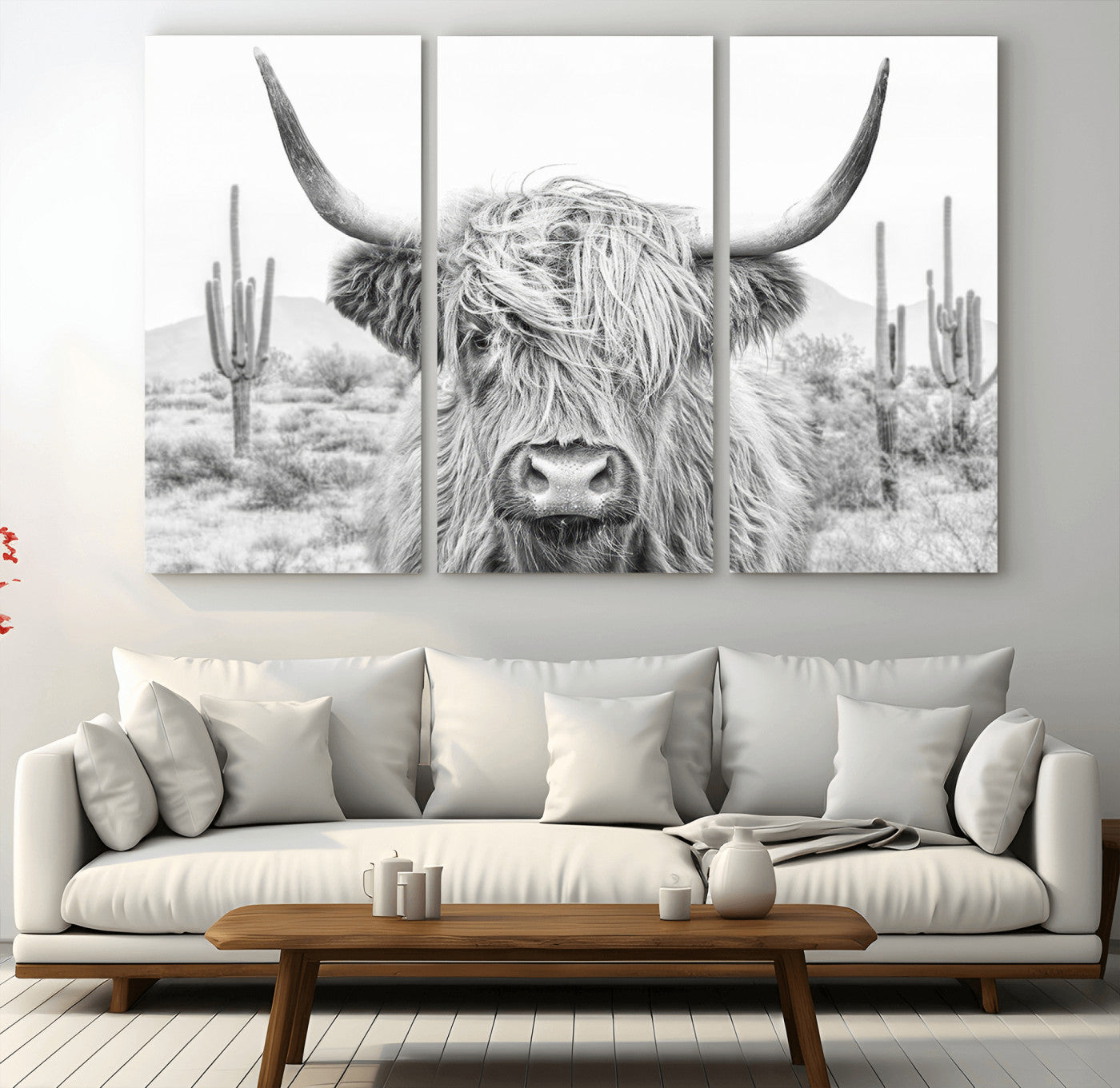 -Rustic Charm | Cow Longhorn Black White Bighorn Wall Art Canvas Print | Farmhouse Wall Art