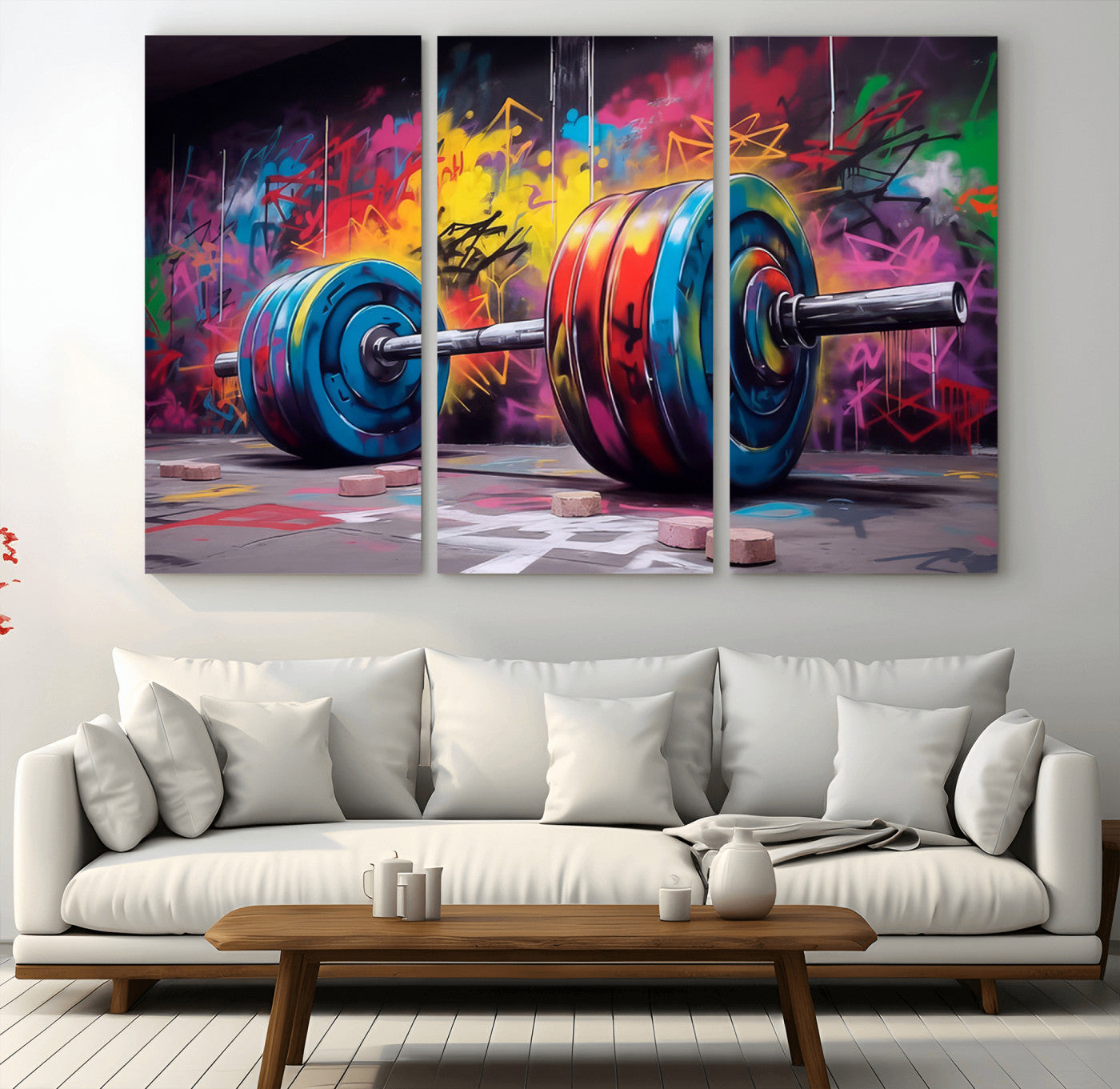 MGV-CV-48X32-3P - Abstract Graffiti Barbell Canvas Wall Art – Urban Fitness Meets Bold Street Art Print - Gym Wall Art