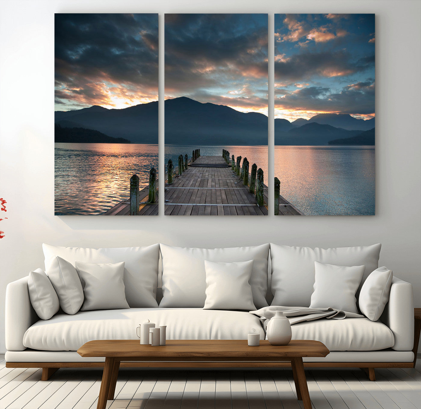 MGV-CV-48X32-3P - Mountain Lake Wood Pier Canvas Wall Art Nature Lake Print