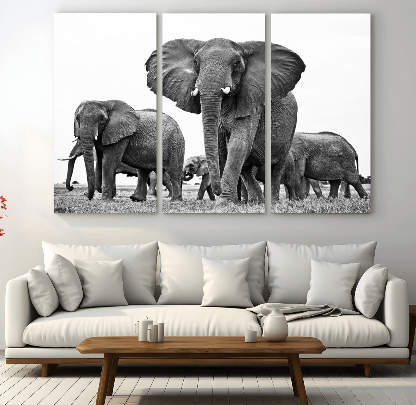 -Black White Elephant Family Wall Art Canvas Print