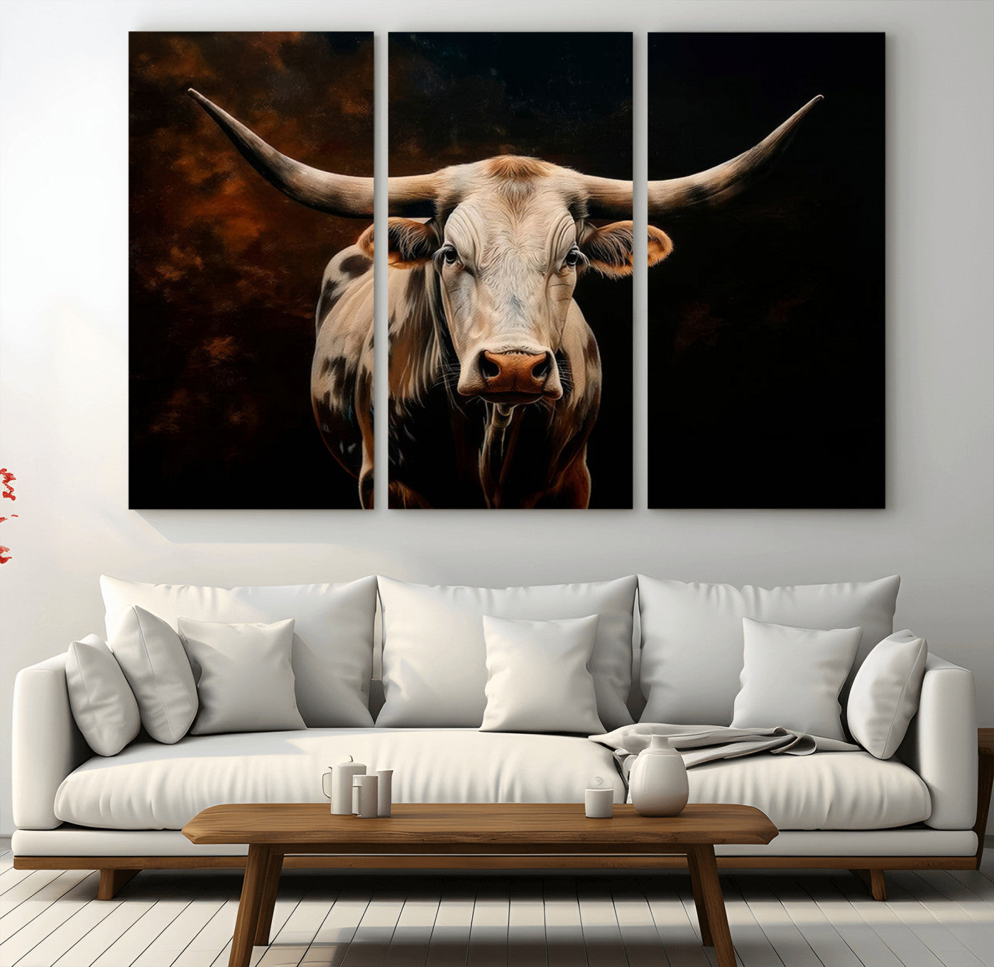 MGV-CV-48X32-3P - Texas Longhorn Wall Art | 3-Panel Large Texas Longhorn Canvas Print for Living Room, Office, or Farmhouse Decor | Framed Giclee Longhorn Wall Art