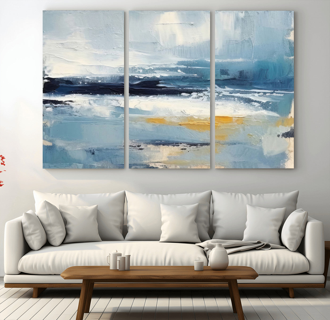 MGV-CV-48X32-3P - Abstract Ocean Canvas Wall Art - Coastal Blue and Gold Textured Painting, Modern Seascape Decor for Living Room Decor