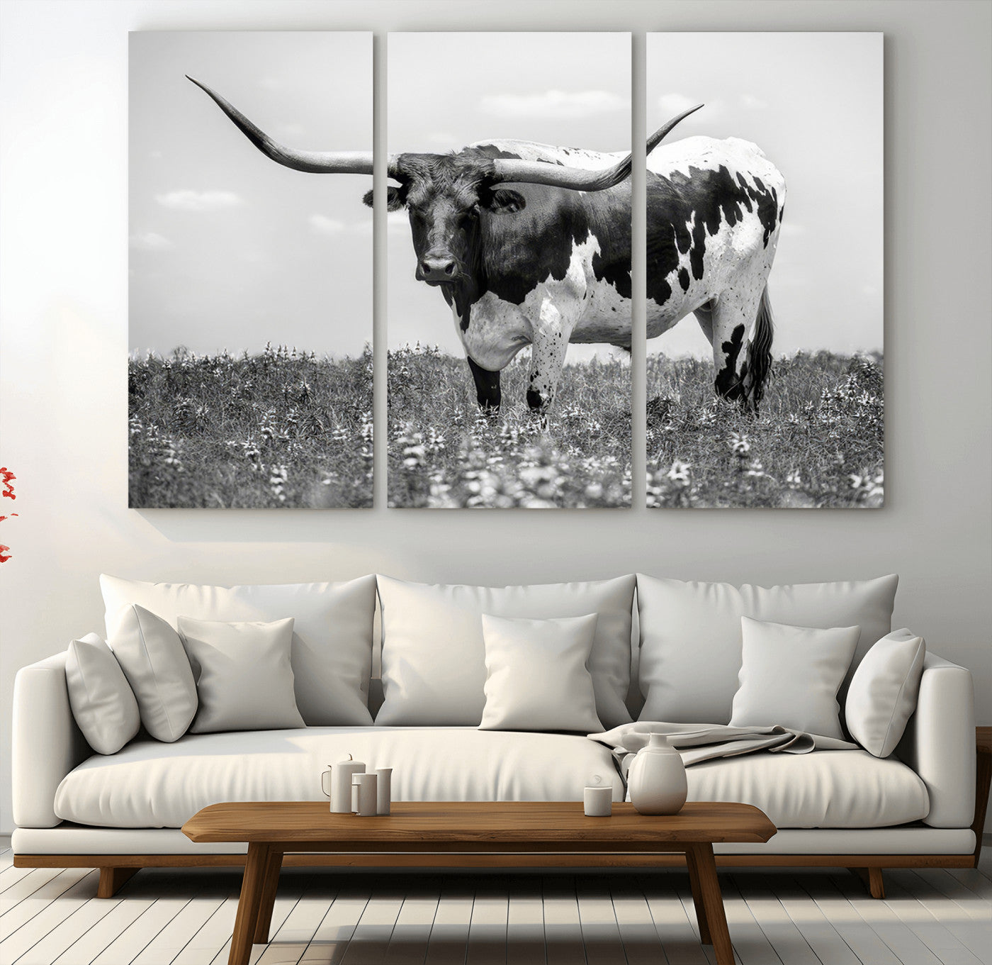 -Texas Black White Highland Longhorn Cow Wall Art Canvas Print