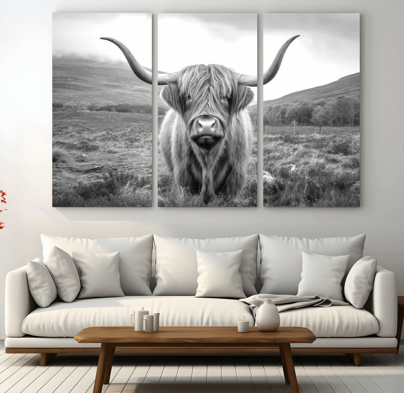 52903-MGV-CV-36X24-Black White Scottish Highland Cow Canvas Farm Wall Art Canvas Print Rustic Animal Art for Home, Office Decor