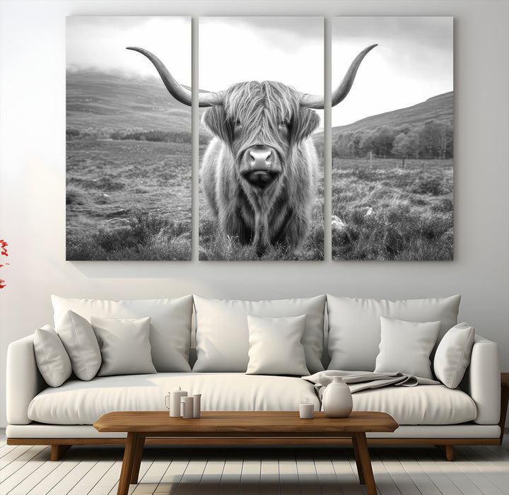 Black White Scottish Highland Cow Canvas Farm Wall Art Canvas Print