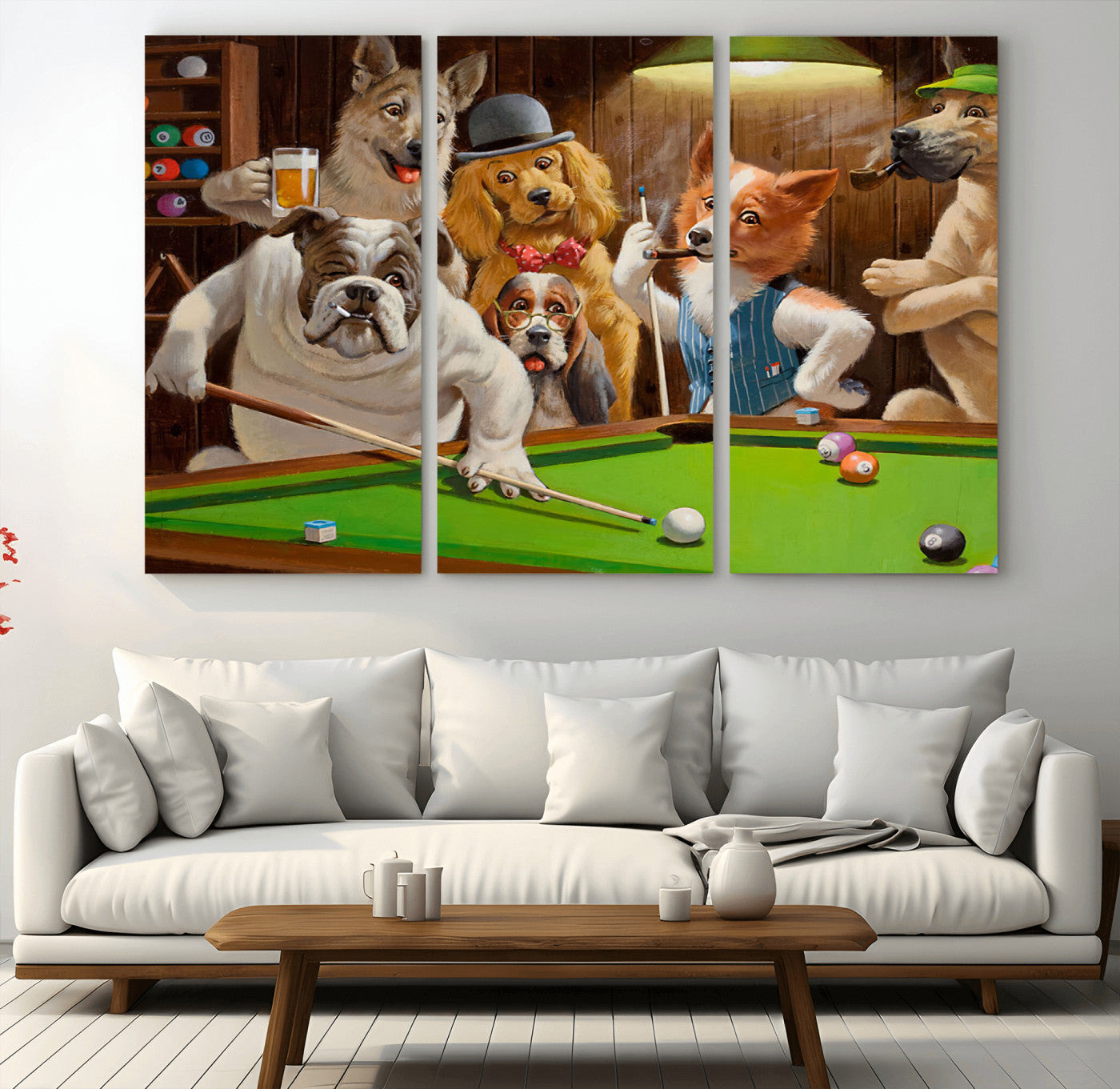 MGV-CV-48X32-3P - Dogs Playing Pool Canvas Wall Art Funny Gifts Dog Print